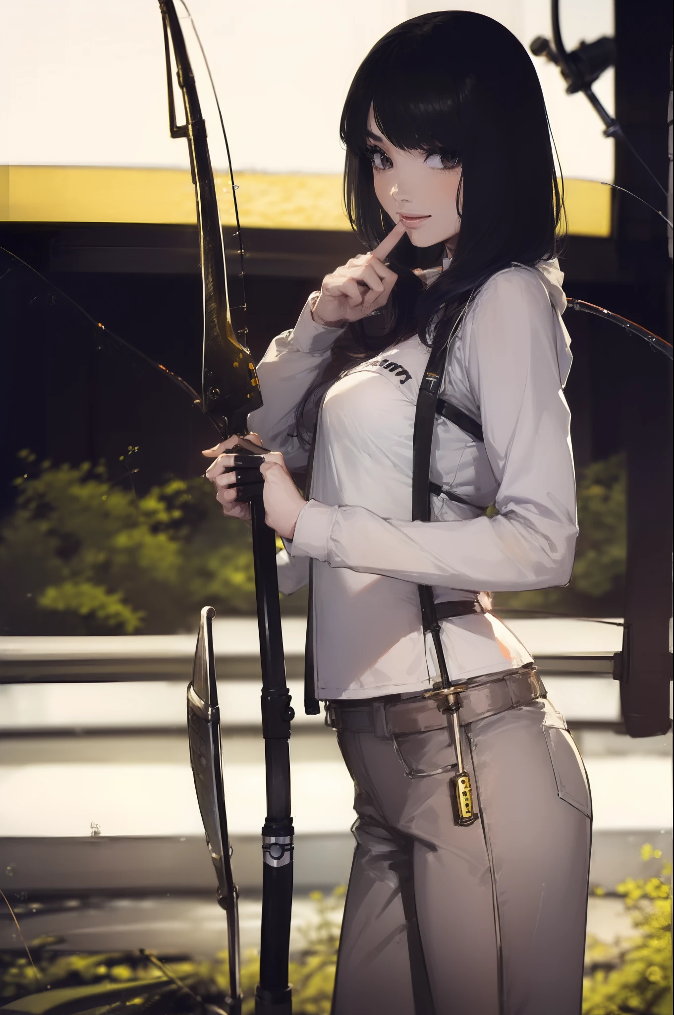 ((((Have a fishing rod with a reel:1.5)))),((Female 28 years old)),((Best Quality:1.5)),(((Hands with the correct number and structure of fingers:1.4))),((Lakeside:1.37)),hight resolution,ultra-detailliert,masterpiece,best qualtiy,(Eight-headed body),(1 fishing rod,Holding a fishing rod in your hand,Fishing lure rod,Fishing Reel,with long sleeve hood,Outdoor Vest,parka,Long pants for fishing,Big backpack),thin and long legs,Beautiful hip line,Beautiful spine,constricted back,Toned waist,beutiful breast),(Fine fingers、Ratio 4 fingers and 1 thumb、detailed arms、detailed human hands),Gentle smile,shiny lip,(1 fishing rod,Straight stretch fishing rod,Long fishing rod,Woman fishing with fishing rod in hand),Black hair, long eyeslashes, Solid Circle Eyes, drop shadow, Atmospheric perspective,Super Detail, ccurate, small brest,top-quality, blurry backround, bokeh dof:1.2, (masterpiece:1.3), Atmospheric perspective,Super Detail,dynamic compositions, Ultra High Quality,