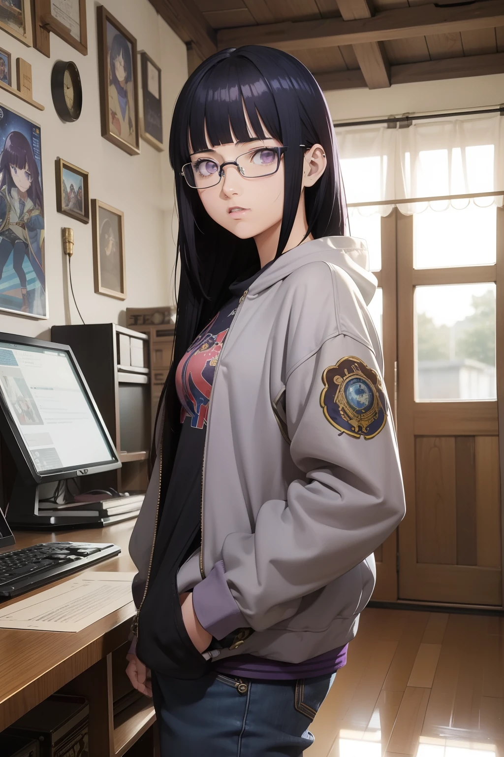 Estilo anime vintage de los 90,Retro.Chica adolescente de anime con vendaje en la nariz con gafas Steampunk con sudadera con capucha ,en una sala de juegos, Science-Fiction. , surrealista, Blunt Bangs, purple eyes, medium wavy dark blue hair, Poco probable.