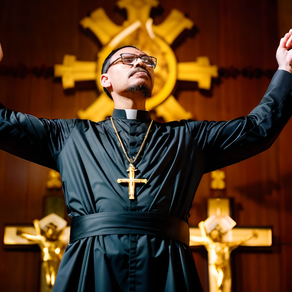 guttonerdvision10, "A priest in black attire with a white collar, hands raised in prayer, wearing a gold crucifix outside his cassock, against a blurred bokeh background."