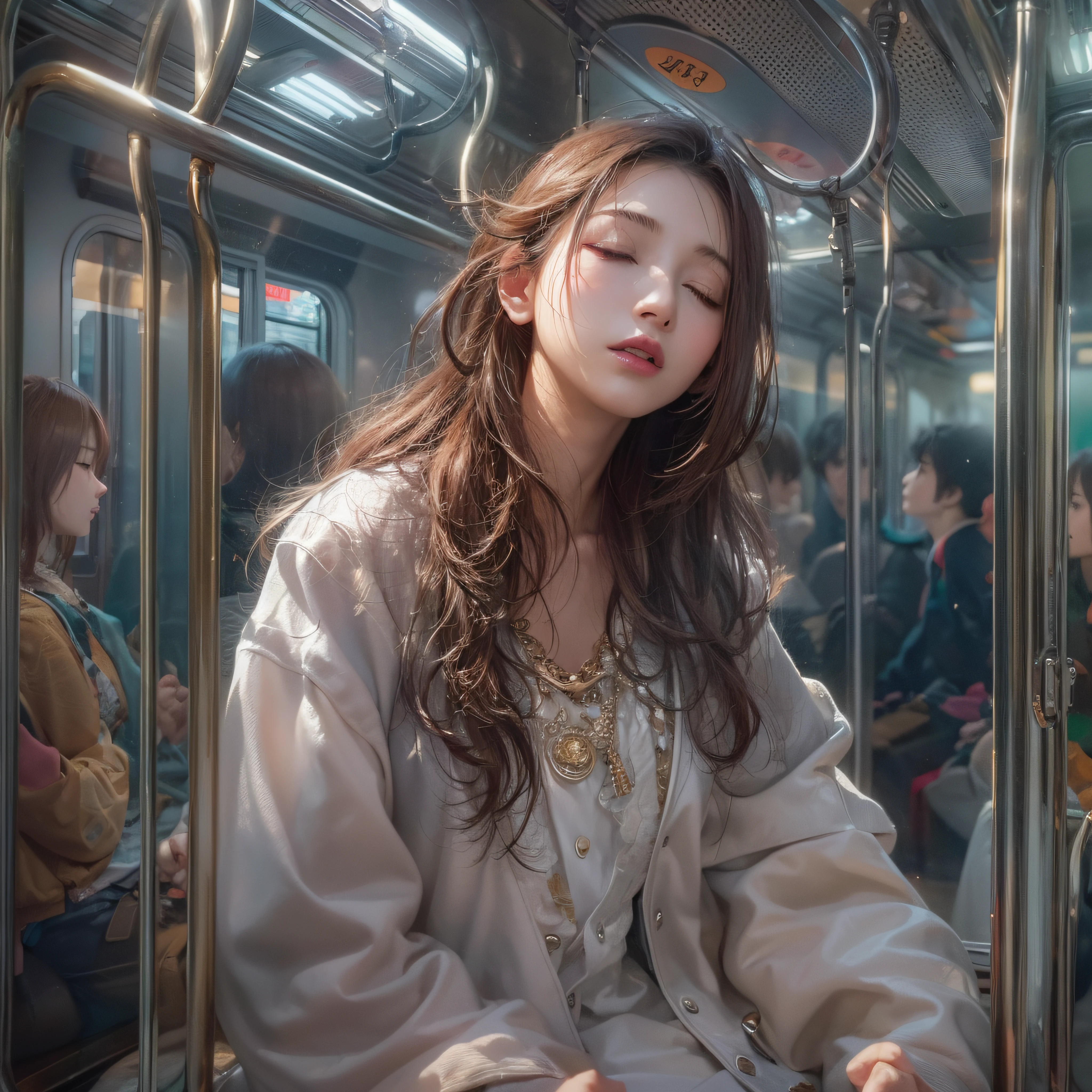 Dozing off on the train、Dozing off on the train、Dozing off on the train、I close my eyes and look down、(masterpiece、realisitic、hight resolution)、(1 girl in):1.2)、Korean Girl、(Best Quality), (masutepiece), (1girl in), Solo, Beautiful Girl, Perfect face, dreamlikeart、Highly detailed airbrush art(((Surreal))、intricate detailes、Volumetric lighting、(masterpiece:1.2)、(top-quality)、The ultra-detailliert、(The composition of the movement:1.4)、Highly detailed colorful details、(Bright lighting、Atmospheric lighting)、Magical、dynamic compositions、Ray traching、The mirror reflects light、Shallow depth of field、ultra-detailliert、mixing exposure、nffsw、Super masterpiece、
