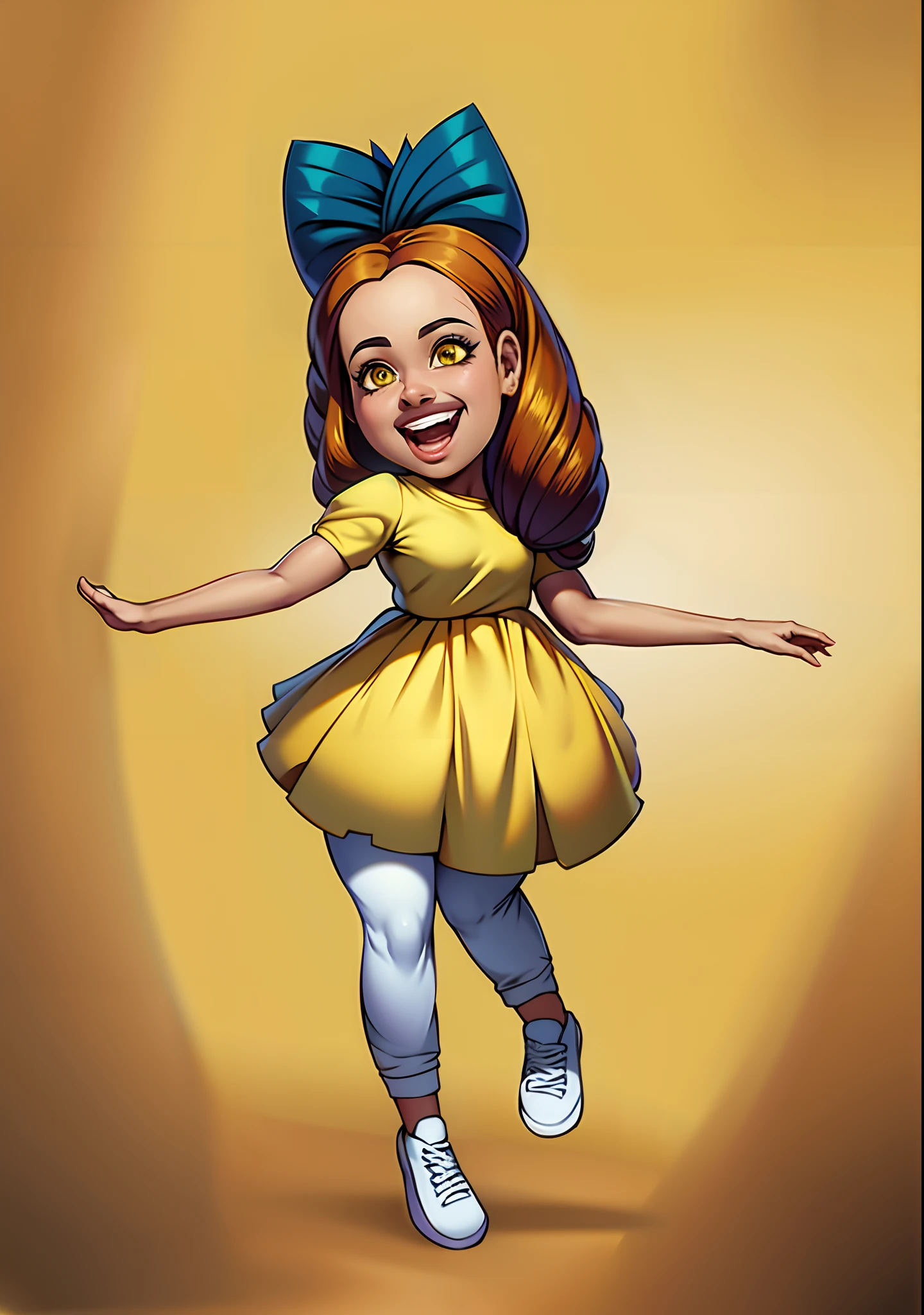 Mulher, saia amarela, camiseta amarela, yellow bow on head, cabelos pretos, pele parda.