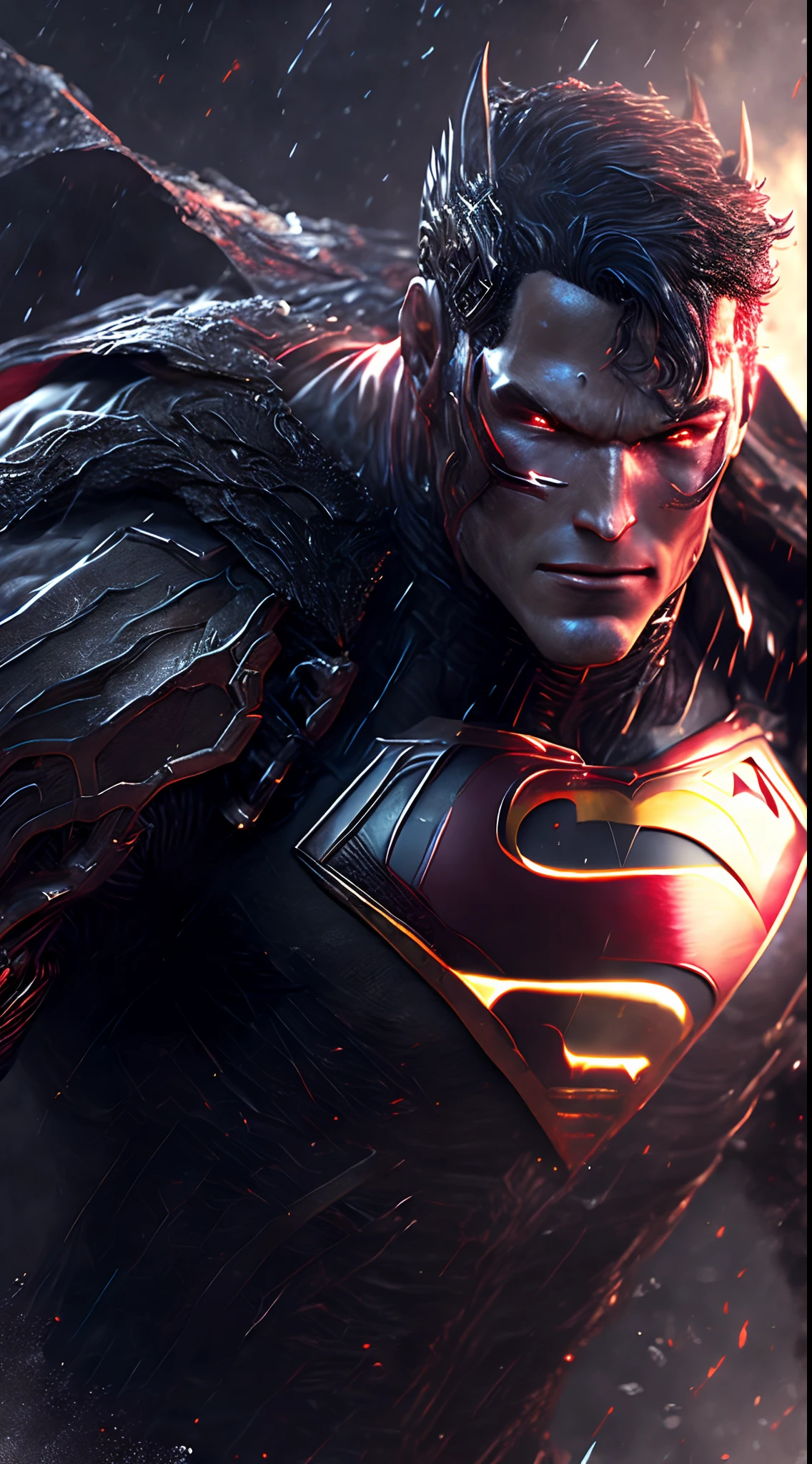 Close-up (Cyborg Superman from DC in Viking style: 1.3) emerging from wet black mud, extremely detailed, smoke, sparks, metal shavings, flying debris, volumetric light