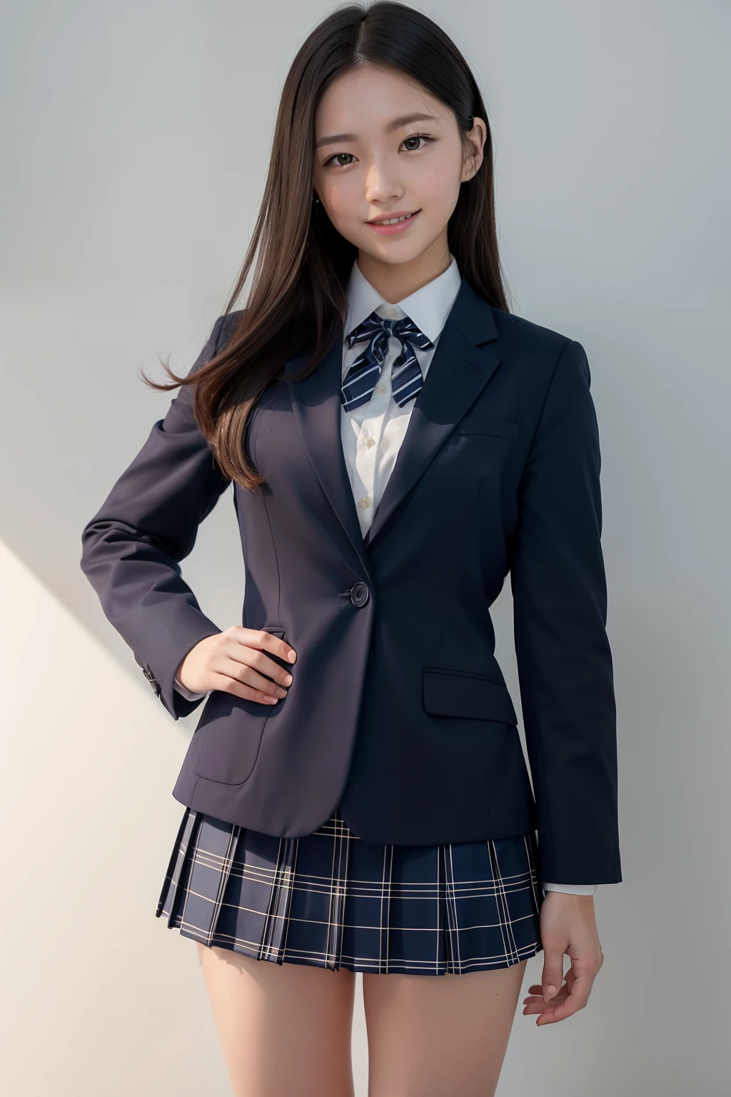 masutepiece, Super Detail, High quality, awardwinning, 8K, (girl), Solo, Smiling, japanese hight school uniform, (All formal jackets are dark navy blue), White shirt, short tie, Short skirts are plaid, Theme color is dark navy, Standing, Half body shot, Portrait Style