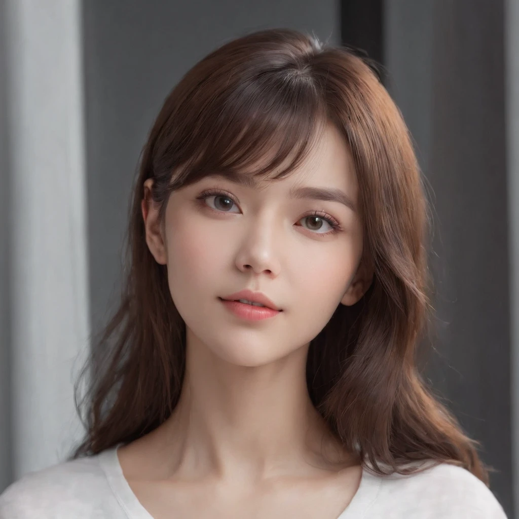(Photo: 1.3) af (realism: 1.4), ((white T-shirt)), (flat bangs, straight bangs, long hair, straight hair,), super high resolution, (realism: 1.4), 1 girl, female avatar, soft light, short hair, facial focus, cheerful, young, confident, ((gray background)), (((monochrome background))), high definition, details, slightly looking up, perfect picture, movie quality , ultra high definition, female avatar, beautiful girl, young and pretty, delicate face, elegant and luxurious