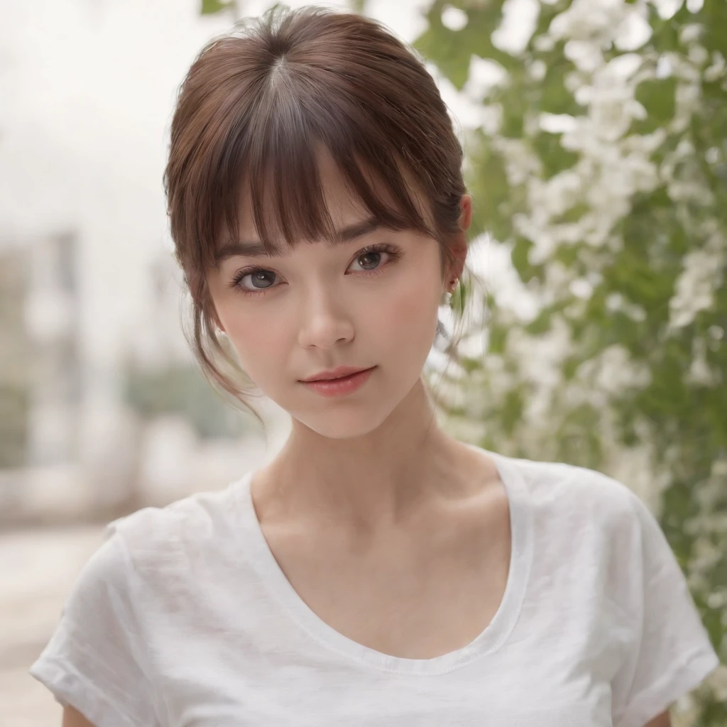 (Photo: 1.3) af (realism: 1.4), ((white T-shirt)), (flat bangs, straight bangs, long hair, straight hair,), super high resolution, (realism: 1.4), 1 girl, female avatar, soft light, short hair, facial focus, cheerful, young, confident, ((gray background)), (((monochrome background))), high definition, details, slightly looking up, perfect picture, movie quality , ultra high definition, female avatar, beautiful girl, young and pretty, delicate face, elegant and luxurious