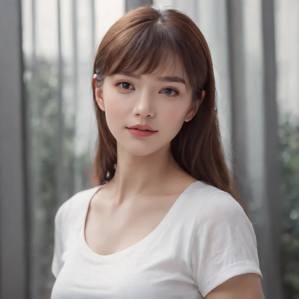 (Photo: 1.3) af (realism: 1.4), ((white T-shirt)), (flat bangs, straight bangs, long hair, straight hair,), super high resolution, (realism: 1.4), 1 girl, female avatar, soft light, short hair, facial focus, cheerful, young, confident, ((gray background)), (((monochrome background))), high definition, details, slightly looking up, perfect picture, movie quality , ultra high definition, female avatar, beautiful girl, young and pretty, delicate face, elegant and luxurious