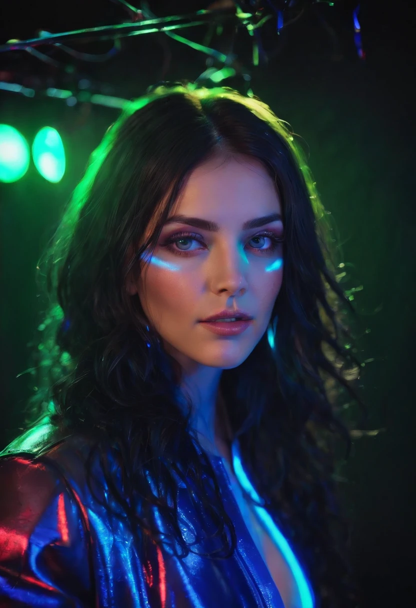 (Adult Spanish woman:1.1), looking to camera, (blue neon Jacket With Rivets:1.3), (rave fashion:1.5), (big tousled black hair:1.3), (open zipper:1.2), (erotic:1.3), (sexy:1.3), (covered with black polyvinyl:1.5), (glowing neon lights:1.7), (dangling sprinkler wires hang from an opening in the ceiling:1.7), best quality, raw, masterpiece, super fine photo, best quality, super high resolution, photorealistic realism, sunlight, full-body portrait, delicate face, vibrant eyes, detailed face, stars background, gorgeous, highly detailed skin, realistic skin details, visible pores, sharp focus, high quality, photo realism, seen from below, translucent, (voluptuous:.5), sensual, dominant, (sexual:1.3), sexy, romantic, high quality, film grain, Cinematic Light, sidelighting, Lens Flare, Ray tracing, detailed face, detailed complex stars background, realistic skin details, visible pores, sharp focus, volumetric fog, overexposed light, pop and vibrant colors, extremely colorful, medium shot