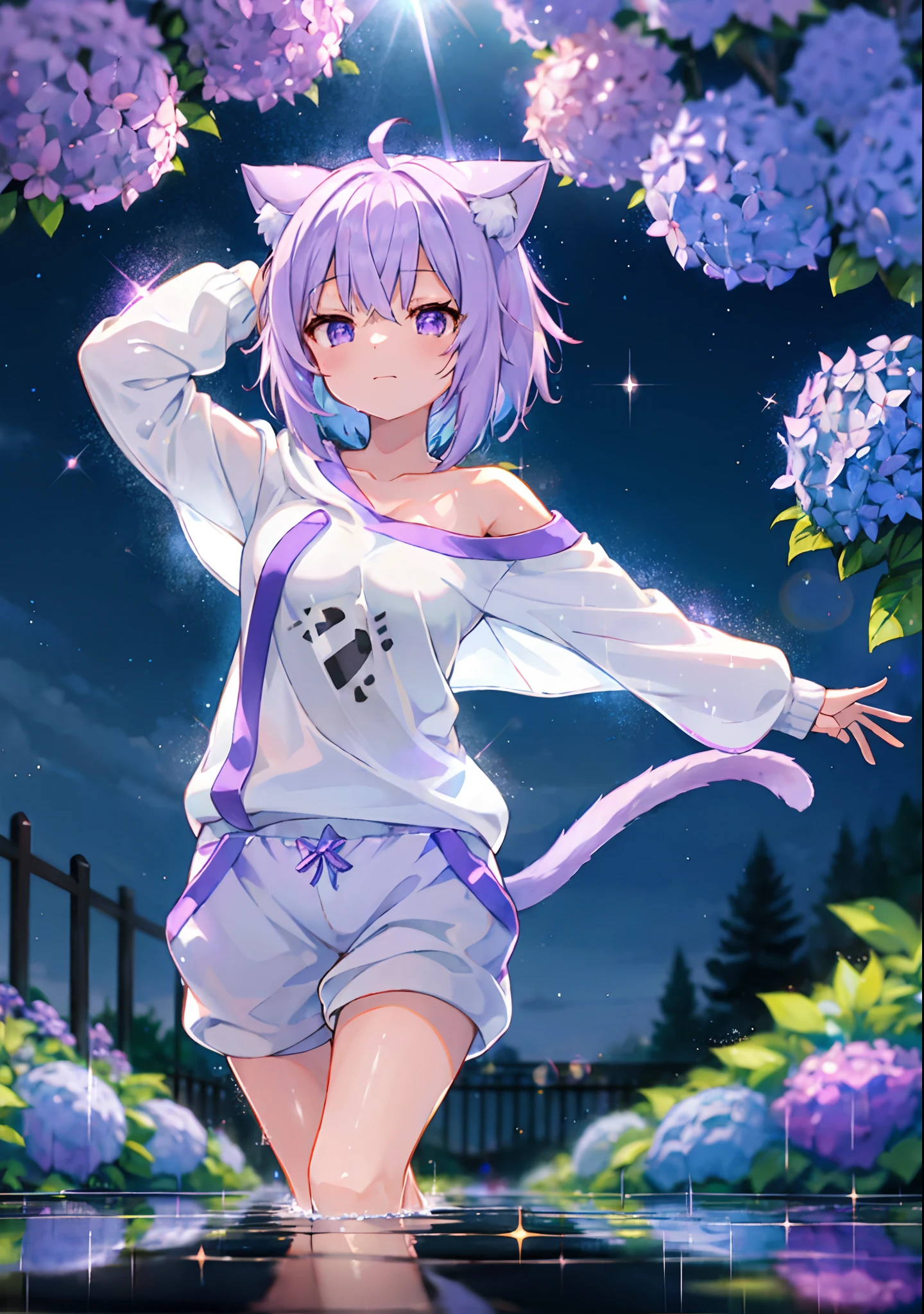 (solo), cute (1girl) walking,path,[from below:1.2],sine short hair, puddle,Water Reflection,rain,floating water drop,hydrangea,(blurry foreground),dynamic angle,asphalt,(night sky),lens flare, off-shoulder oversized shirt,(glitter:1.2) presenting armpit, nekomata okayu, cat tail, hoodie, sweatpants,