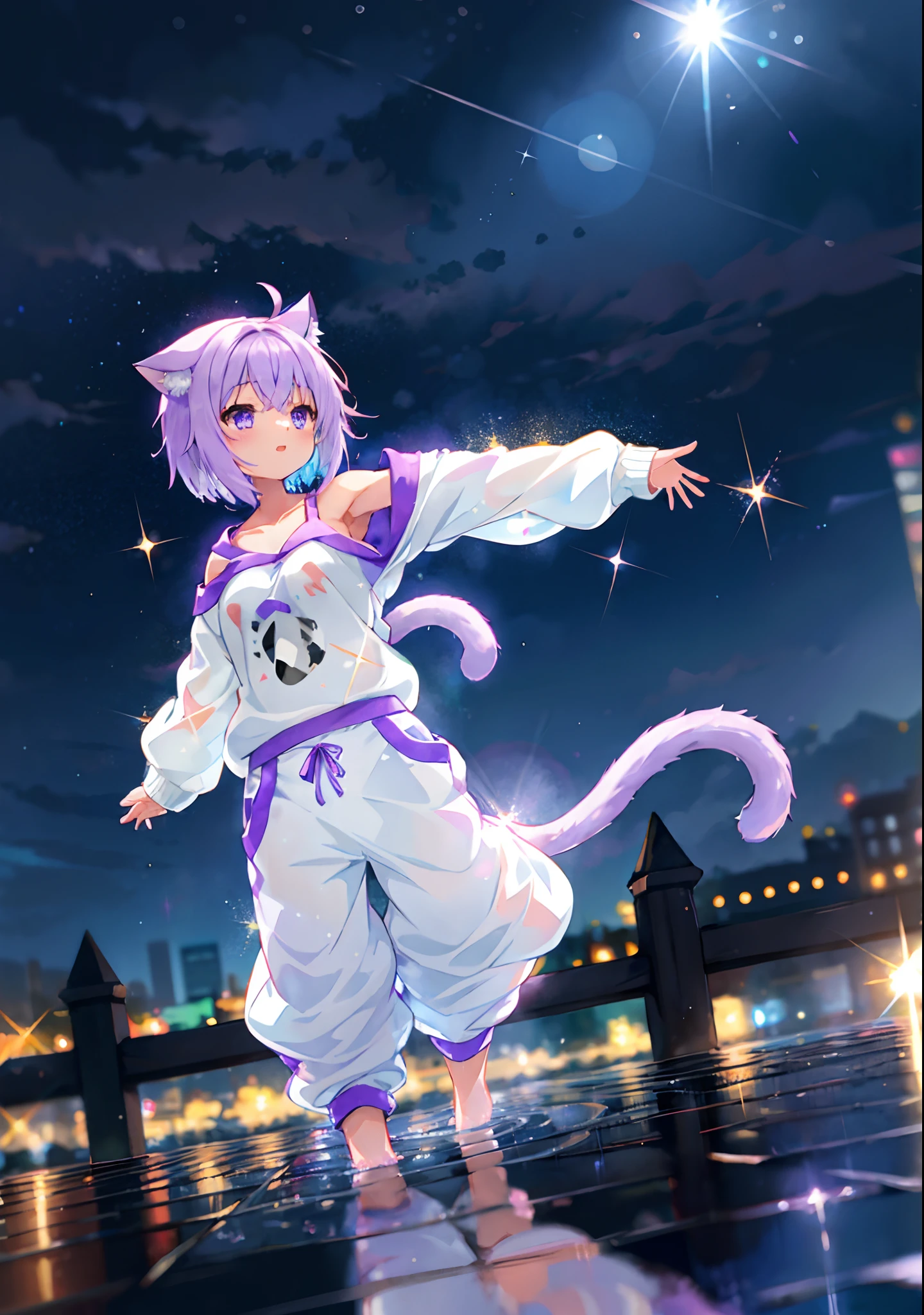 (solo), cute (1girl) walking,path,[from below:1.2],sine short hair, puddle,Water Reflection,rain,floating water drop,hydrangea,(blurry foreground),dynamic angle,asphalt,(night sky),lens flare, off-shoulder oversized shirt,(glitter:1.2) presenting armpit, nekomata okayu, cat tail, hoodie, sweatpants,