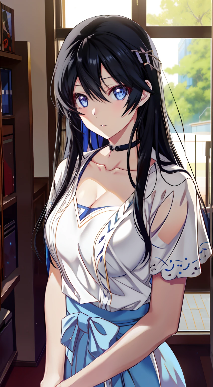 Anime girl with long black hair and blue eyes posing in front of window, Smooth anime CG art, attractive anime girls, seductive anime girls, Beautiful anime girl, anime big breast. Soft lighting, Anime moe art style, pretty anime girl, Cute anime girl, Beautiful Anime High School Girls, Photorealistic anime, [ 4 K digital art ]!!, a beautiful anime portrait