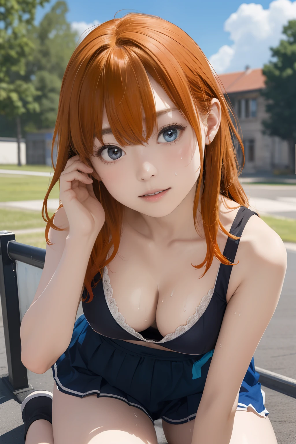 The upper part of the body、an oil painting、masterpiece、top-quality、hight resolution、Orange hair、I'm running a marathon、Tired and hands on your knees、cleavage of the breast、Black bloomers、distressed face、Sweaty skin、school ground、blue-sky、tiny chest、