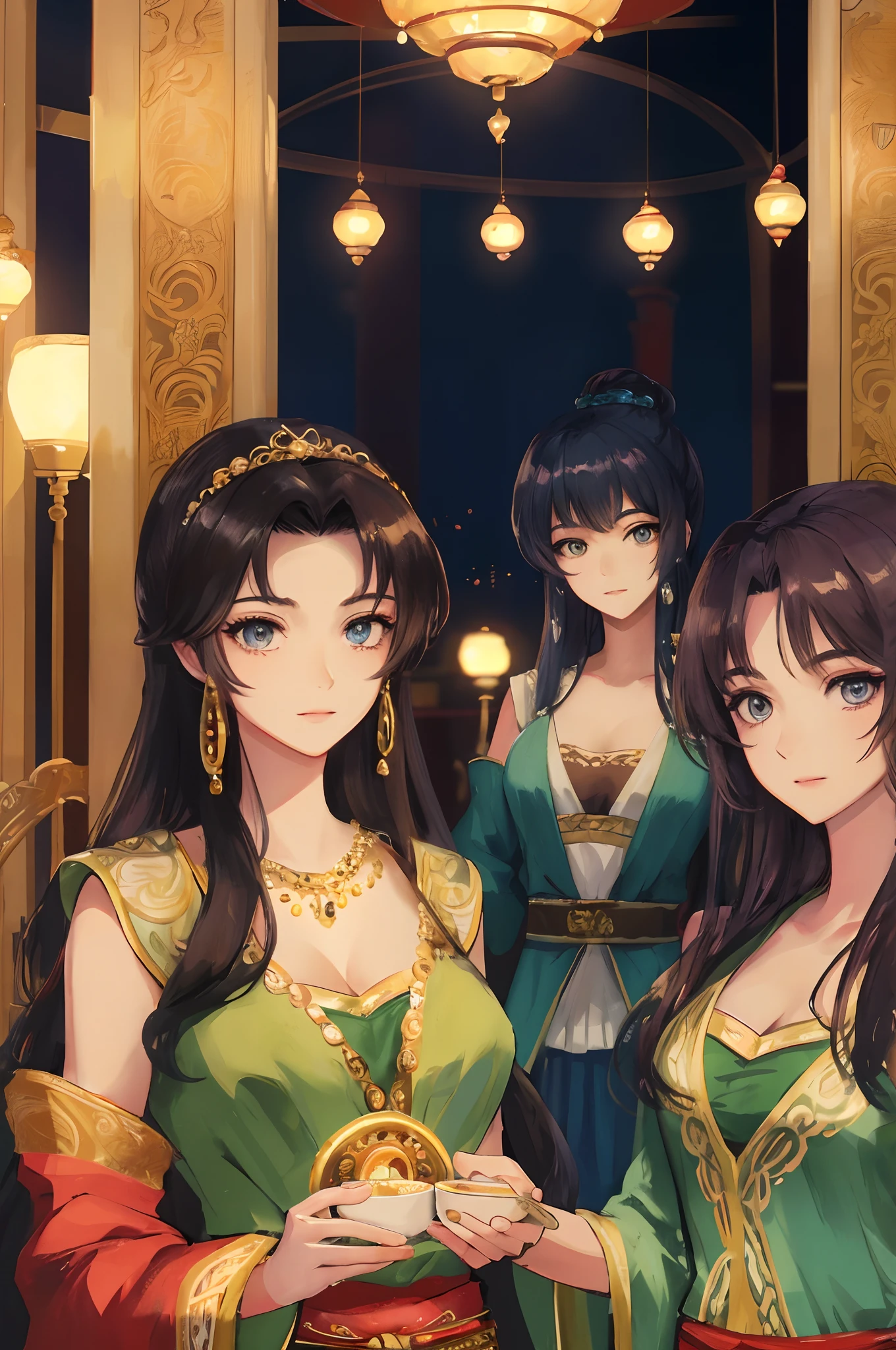 Top quality, Best quality, High-quality illustrations, Masterpiece, Super high resolution, Detailed background, Detailed background, duo,two concubines,Aladdin, Entertainment at the Arabian Palace, Sassanid dynasty, Turkish lamps,group picture:0.1, 6+Women, 6+Girls, absurderes(Highly detailed beautiful face and eyes)Perfect anatomy, expression, Good lighting, cinematic shadow(komono,),