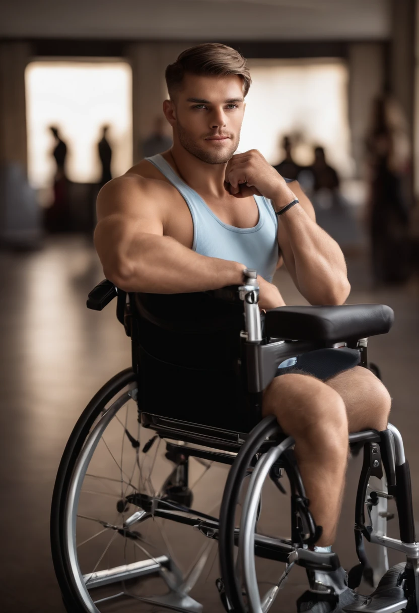 Homem cadeirante, wheelchair user, paraplegic, cadeira de rodas realista, cadeira de rodas detalhado, Real wheelchair athletic body, detailed muscles, corpo peludo, Cabelo, cabelo blondie, rosto sorridente, olhos azuis, Saqueira, fotografia, Ultra realista, Uplighting, alta qualidade, menos contraste, ambiente de quarto
