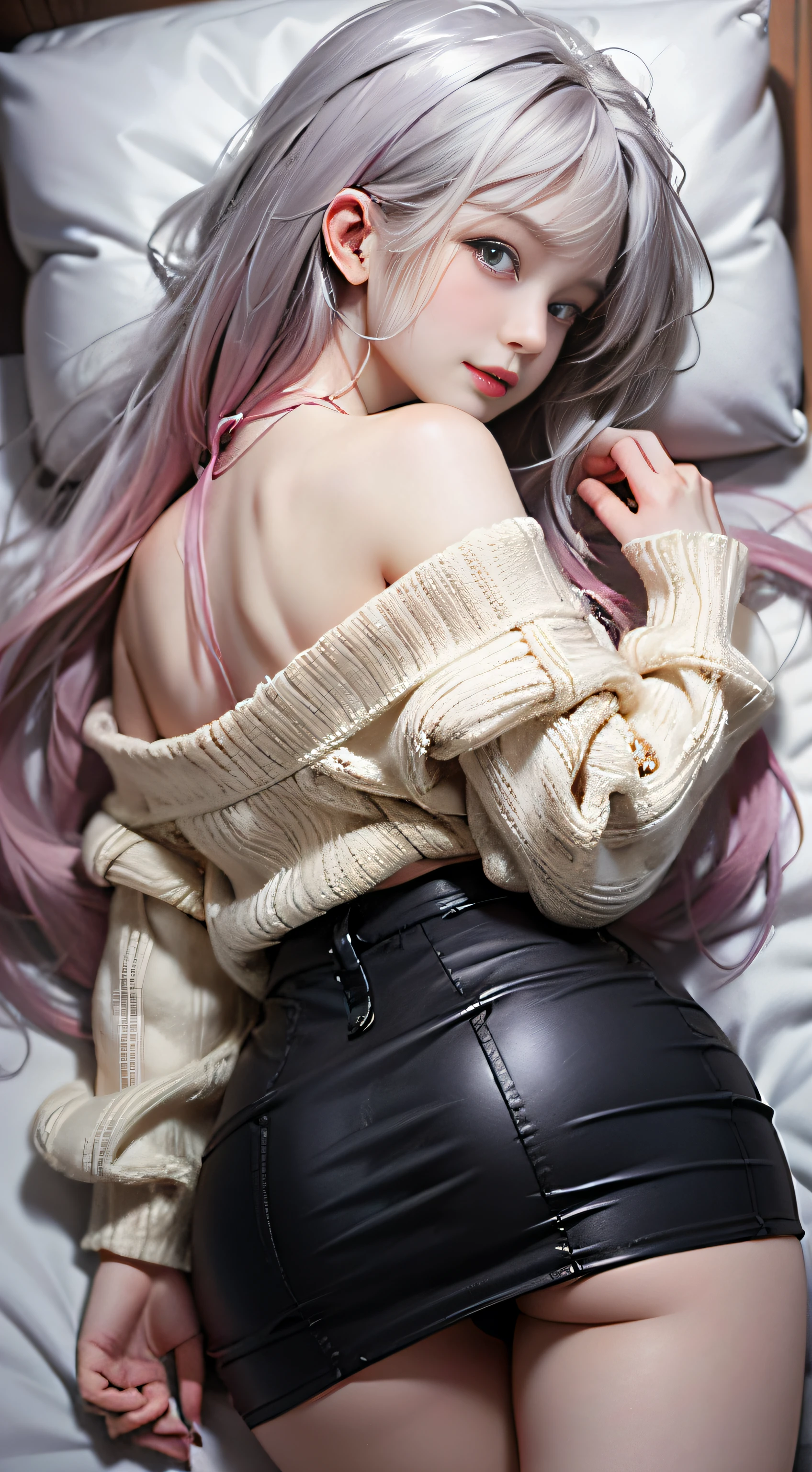 （Woman lying on bed）、（Rear view）、）（The back is visible）（、（Sleeping face down）1 girl, Silver hair, striated hair, Bangs, Blunt bangs, Long hair, Pink hair, aqua eyes, longeyelashes, Purple eyes, makeup, Smile, Parted lips, Realism, Verism, surrealism, depth of fields, One-person viewpoint, F/1.8, 135 mm, canon, nffsw, retinas, masutepiece, ccurate, Anatomically correct, Textured skin, Super Detail, high details, High quality, Best Quality, hight resolution, 1080p, hard disk, 4K, 8K、（Coarse short sweater）Floats off the shoulders、off shoulders、Black tight skirt（（Full Body Angle））、（open one's legs、stick out buttocks）、（shapely breasts,)、((sexypose)))、(camel's toe),