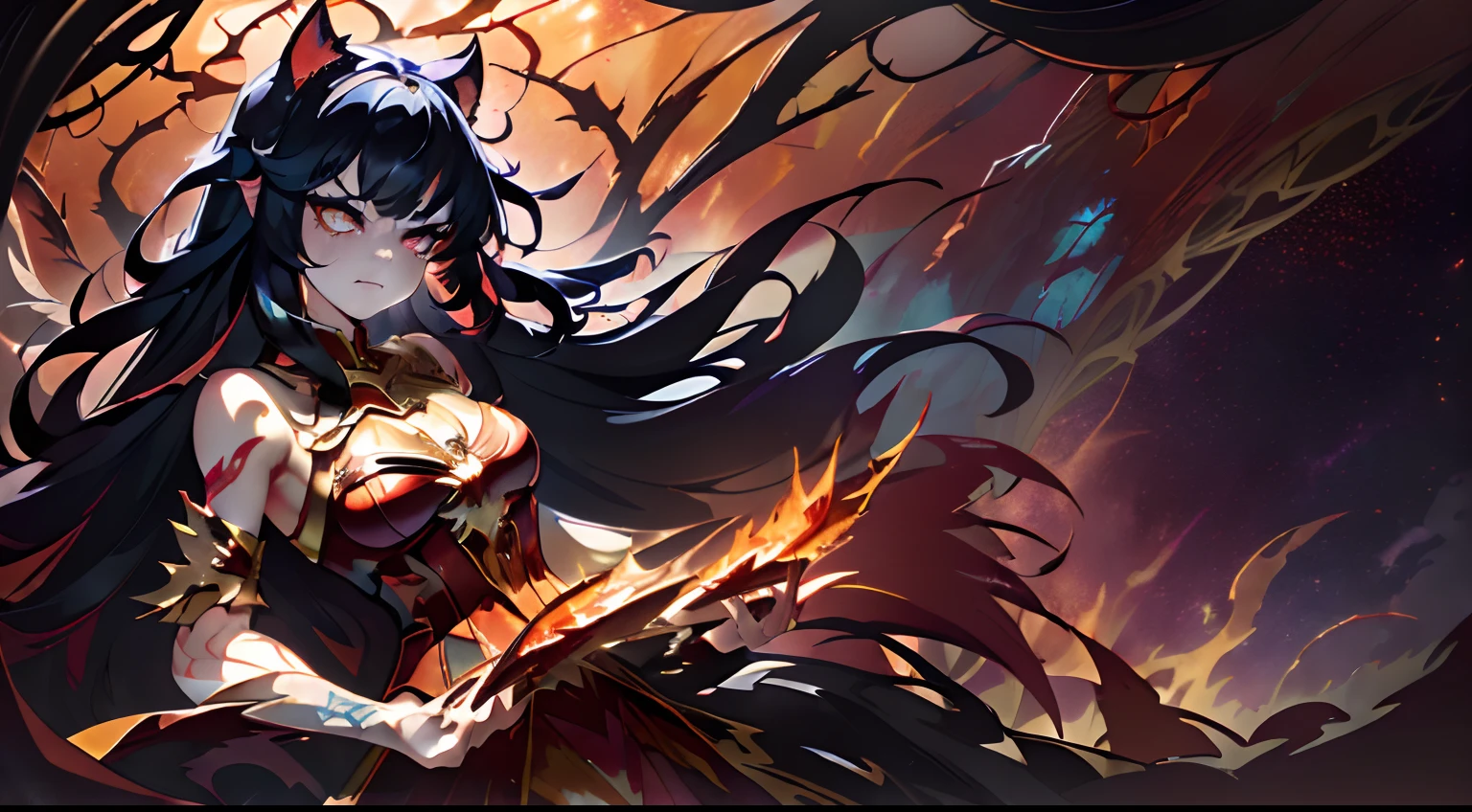 [(Colorful Aurora theme:1.3):("Colorful flames" Theme):0.26], [(A lot of brokenness
Stained glass floating around:1.5)::0.7]
(Detailed light), (An extremely delicate and beautiful), volume light, Best shadow, Flash, Depth of field, (Dynamic posing), [NSFW:0.8], Oily skin
(cat ear:1.3), (Cowboy shooting and flames:1.2), (Ivelette:1.3), (Burning hands), (Burning pain
hair:1.2), (Glowing_Tattoo all_polypubic hair_Body:1.3), (Solo), (Flames are entangled with thorns), (Fire-red cuirass:1.4), [Red bikini|chest plate], (cleavage, medium
Milk:1.2), (Evil, Anger:1.3)
(Long black hair, Straight hair), [(colorful aurora_Cloak)::0.2]
(Broken multicolored starry sky:1.5)(Colorful night sky, Burning stars:1.2)