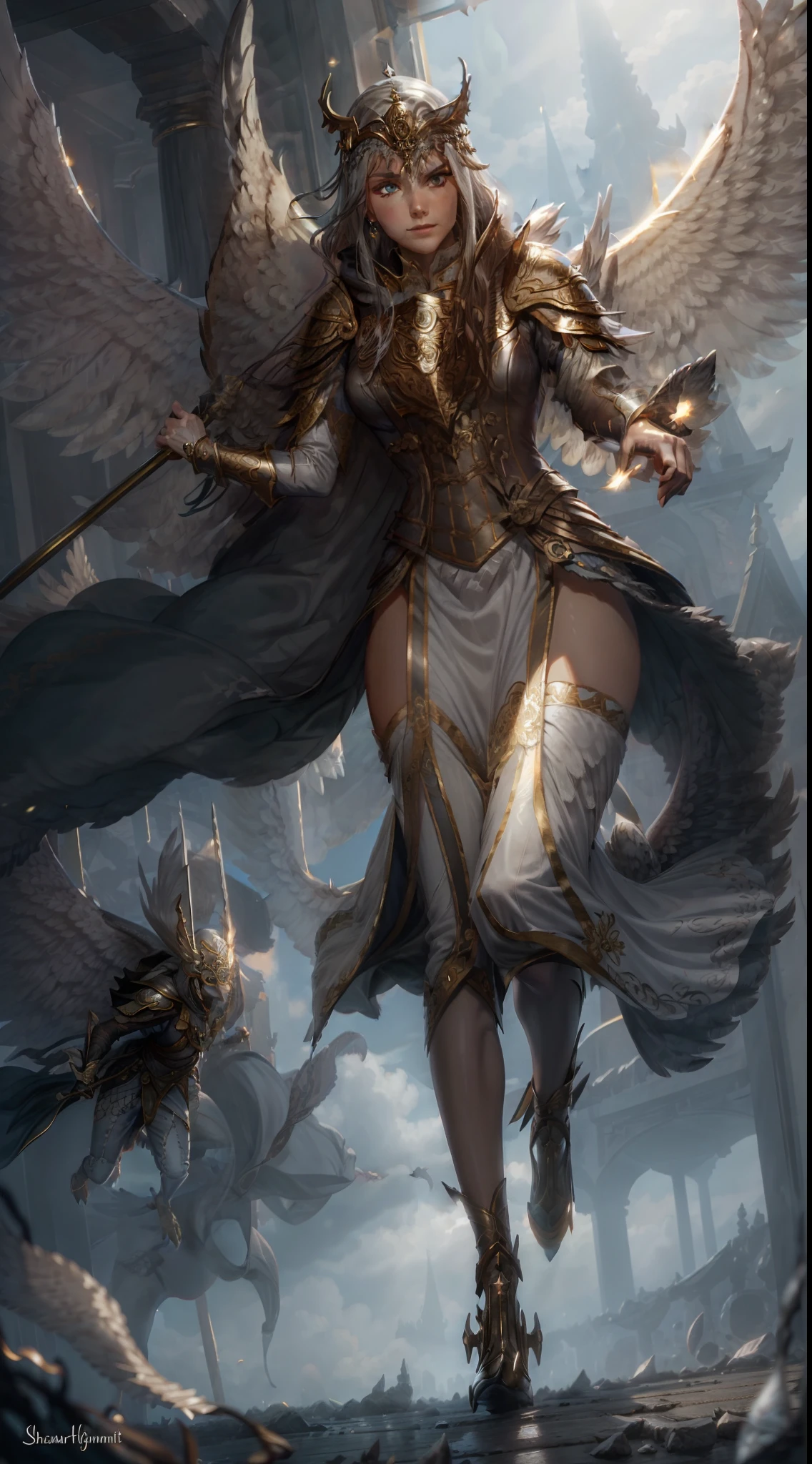 Jessica Green Gesicht, winged, Engel, ((Full-body CGInft)), Extrem detailliertes 8k-Hintergrundbild, kompliziert, detailreich, dramatisch, episch, Blondes helles Haar, the winged Albin queen wears very detailed shoulder pads made of black steel, which are modeled after the heads of dragons and are decorated with distinctive shimmering silver decorations and ornaments, a dark gray cape with velvet blue lining and a large hood, die tief in die anmutige, finsteres Gesicht, nur die Blauen Augen leuchten unter der Kapuze hervor, Es hat ein extrem detailliertes Grau/white feathered angel wings on the back, Rahmung sie schimmernd und anmutig , wahnsinnig realistischen Grafiken, wahnsinnig detaillierten Details, Ultrarealistisches und sehr detailliertes schwarzes, long-figure-hugging royal dress, das bis zum Boden reicht, the long sleeves are decorated with shiny silver embellishments and pronounced gold embroidery and white lace on the hem and neckline of the dress, Extrem detaillierte, schwere schwarze Lederstiefel mit markanten silber schimmernden Verzierungen und Verzierungen, das Licht wird von den Verzierungen reflektiert, sie geht anmutig den Gang des Schlosses entlang, during the leisurely walk through the gloomy cathedral, Lichtkegel scheinen durch die hohen Fenster des Doms, auf ihrem Kleid, a blue rose blossom protrudes from her chest,