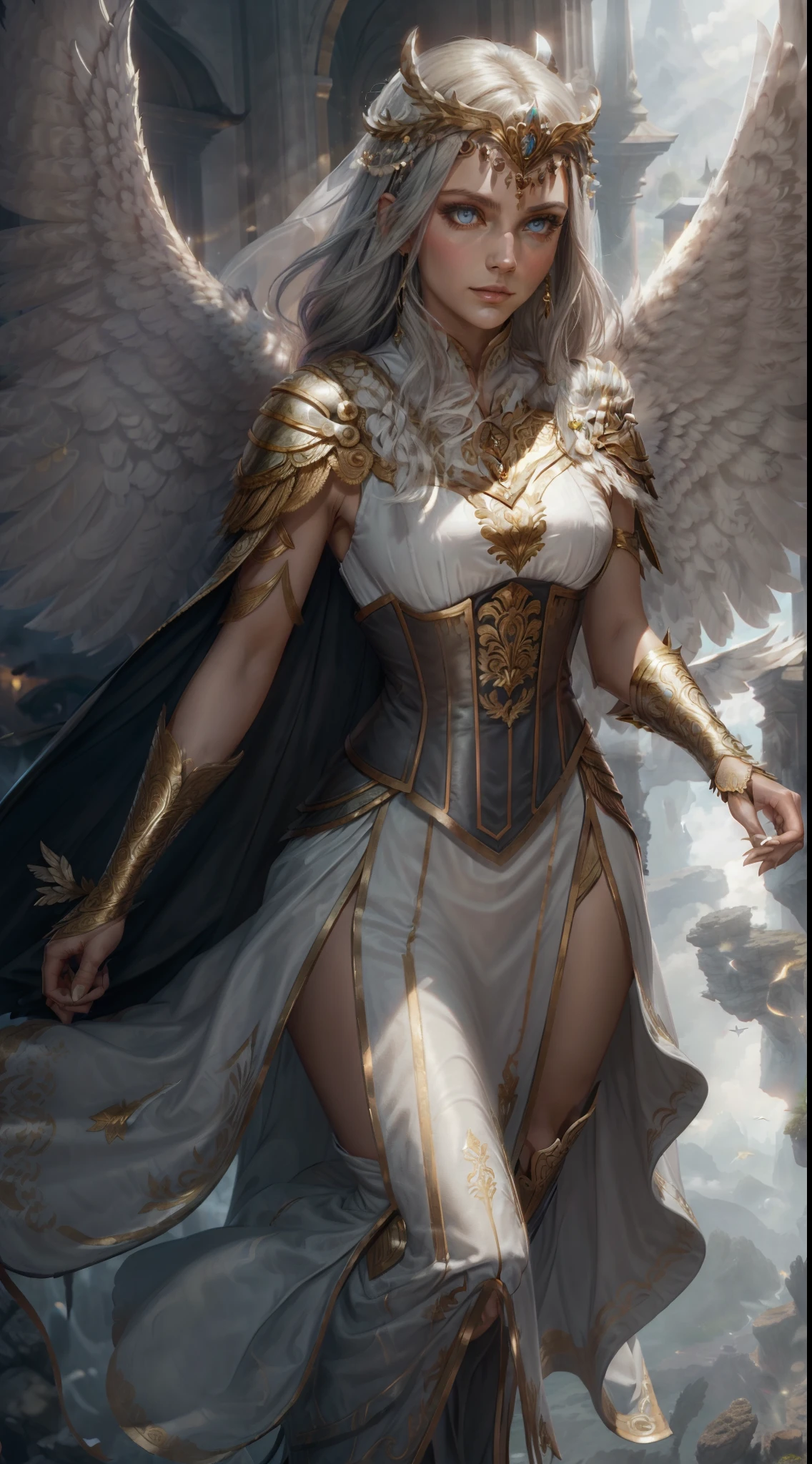 Jessica Green Gesicht, winged, Engel, ((Full-body CGInft)), Extrem detailliertes 8k-Hintergrundbild, kompliziert, detailreich, dramatisch, episch, Blondes helles Haar, the winged Albin queen wears very detailed shoulder pads made of black steel, which are modeled after the heads of dragons and are decorated with distinctive shimmering silver decorations and ornaments, a dark gray cape with velvet blue lining and a large hood, die tief in die anmutige, finsteres Gesicht, nur die Blauen Augen leuchten unter der Kapuze hervor, Es hat ein extrem detailliertes Grau/white feathered angel wings on the back, Rahmung sie schimmernd und anmutig , wahnsinnig realistischen Grafiken, wahnsinnig detaillierten Details, Ultrarealistisches und sehr detailliertes schwarzes, long-figure-hugging royal dress, das bis zum Boden reicht, the long sleeves are decorated with shiny silver embellishments and pronounced gold embroidery and white lace on the hem and neckline of the dress, Extrem detaillierte, schwere schwarze Lederstiefel mit markanten silber schimmernden Verzierungen und Verzierungen, das Licht wird von den Verzierungen reflektiert, sie geht anmutig den Gang des Schlosses entlang, during the leisurely walk through the gloomy cathedral, Lichtkegel scheinen durch die hohen Fenster des Doms, auf ihrem Kleid, a blue rose blossom protrudes from her chest,