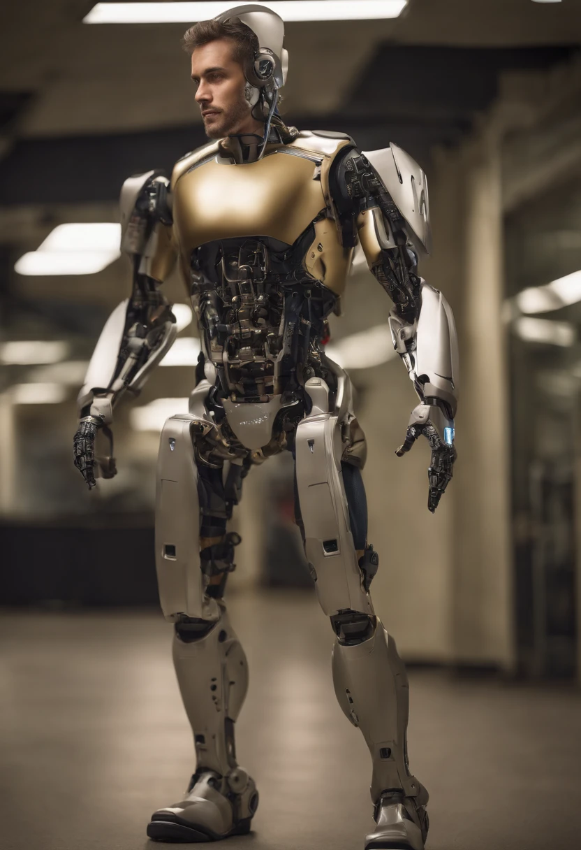Man with robotic legs, Very detailed prostheses, Metal prostheses, realistic prostheses, corpo atletico, detailed muscles, corpo peludo, cabelo, cabelo blondie, rosto sorridente, olhos azuis, Saqueira, ambiente da academia, fotografia, Ultra realista, topless, Papai