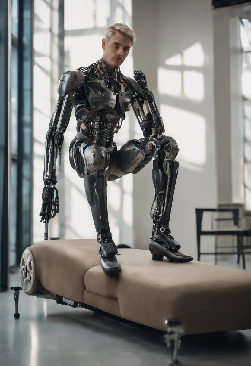 Man with robotic legs, Very detailed prostheses, Metal prostheses, realistic prostheses, corpo atletico, detailed muscles, corpo peludo, cabelo, cabelo blondie, rosto sorridente, olhos azuis, Saqueira, ambiente da academia, fotografia, Ultra realista, topless, Papai