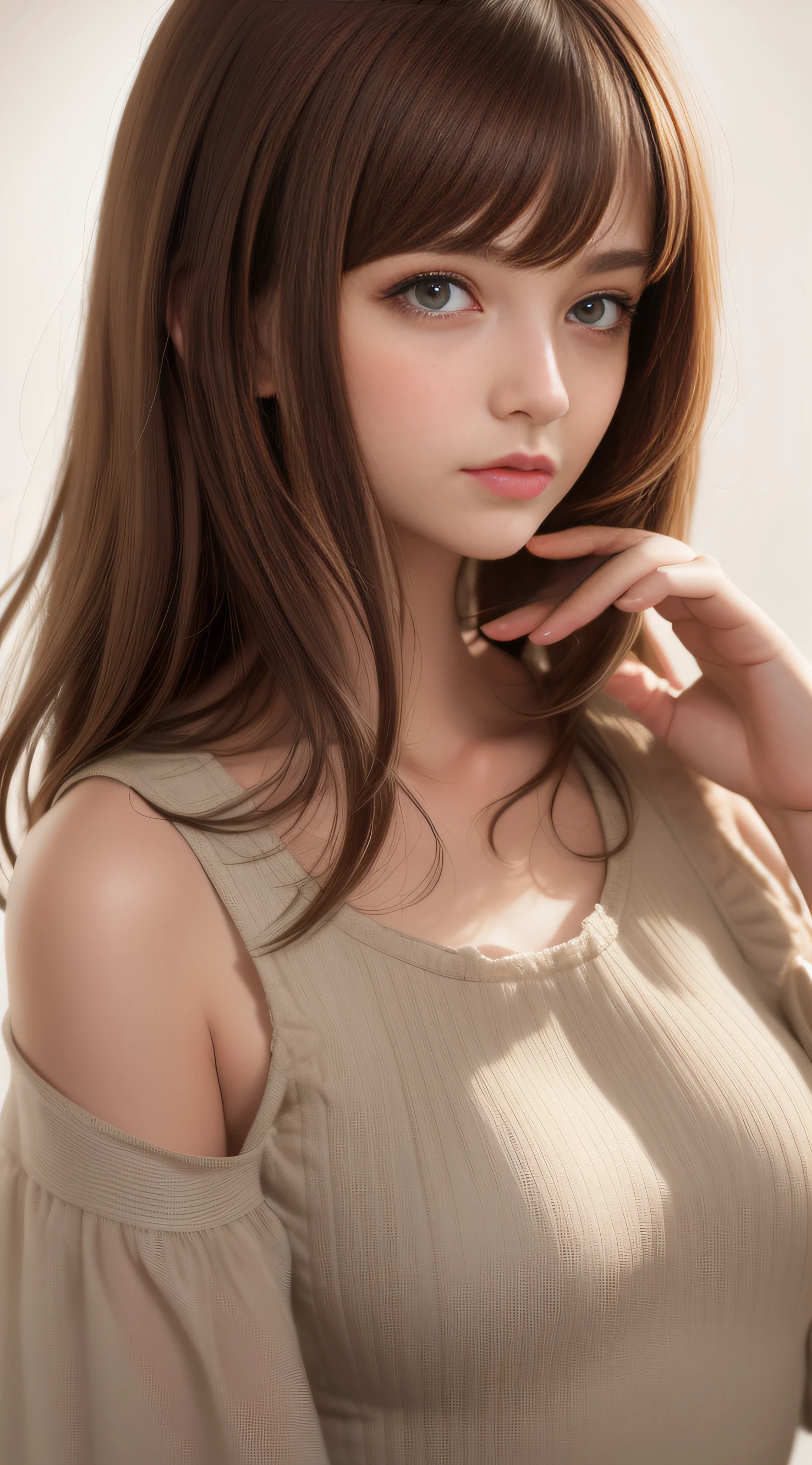 Best quality at best，tmasterpiece，（fidelity：1.2），1 girl，brown  hair，with brown eye，frontage，A detailed face，beautidful eyes，（cropped shoulders：1.5），（cleavage：1.8）,whitet-shirt，Tong