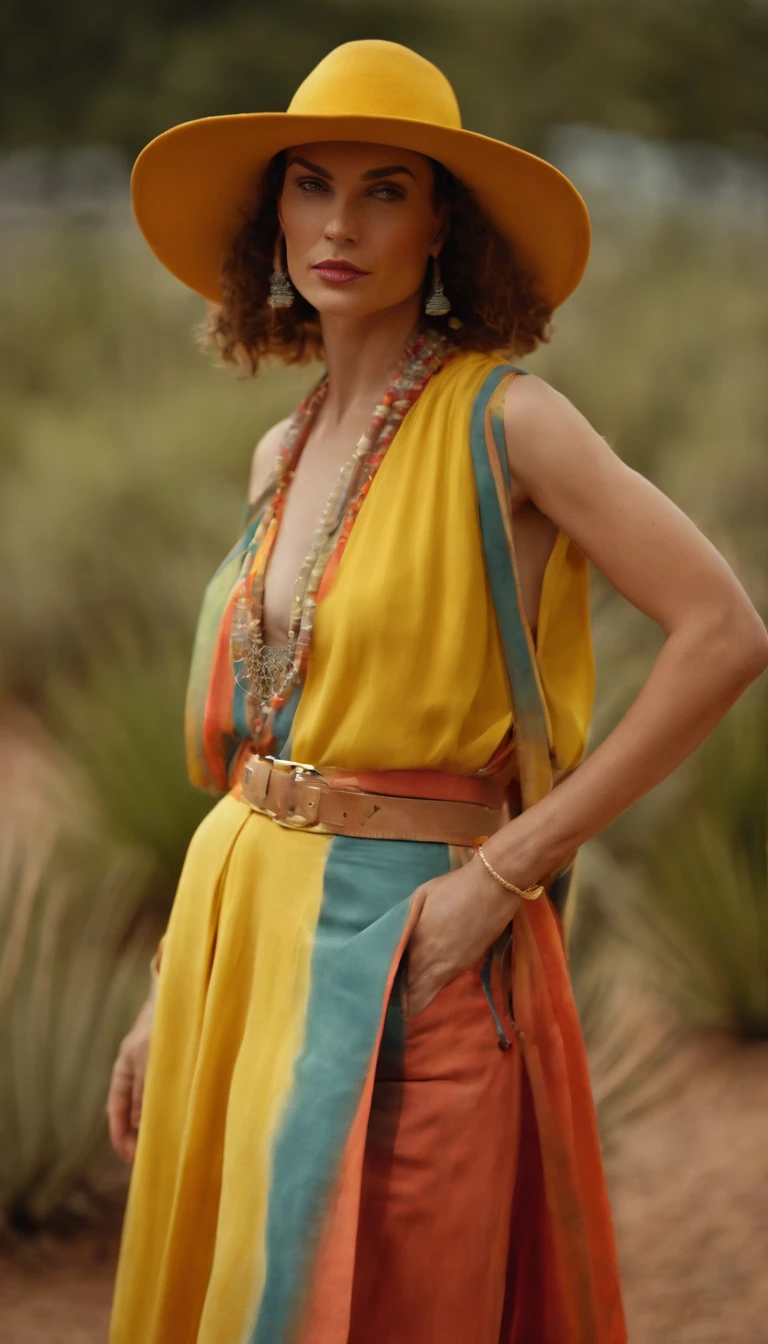 Candid shot, paparazzi style, french supermodel, desert oasis background, 18yo, tight desert clothes, tall woman, beauty. joyful celebration of nature, zen influenced colorful gardens. Shot on a Hasselblad medium format camera. Yellow - Core, Desert - Core, carl zeiss distagon t* 15 mm f/ 2. 8 ze, ricoh r1 --ar 21:9 --q 2 --v 5