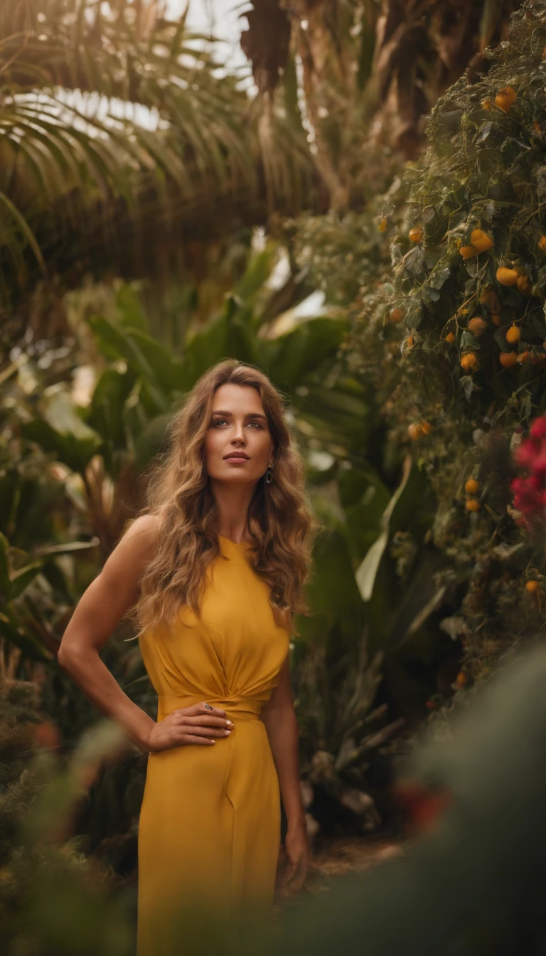 Candid shot, paparazzi style, french supermodel, desert oasis background, 18yo, tight desert clothes, tall woman, beauty. joyful celebration of nature, zen influenced colorful gardens. Shot on a Hasselblad medium format camera. Yellow - Core, Desert - Core, carl zeiss distagon t* 15 mm f/ 2. 8 ze, ricoh r1 --ar 21:9 --q 2 --v 5