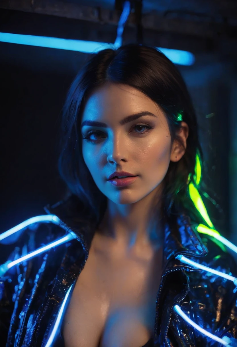 (Adult Spanish woman:1.1), looking to camera, (blue neon Jacket With Rivets:1.3), (rave fashion:1.5), (big tousled black hair:1.3), (open zipper:1.2), (erotic:1.3), (sexy:1.3), (covered with black polyvinyl:1.5), (glowing neon lights:1.7), (dangling sprinkler wires hang from an opening in the ceiling:1.7), best quality, raw, masterpiece, super fine photo, best quality, super high resolution, photorealistic realism, sunlight, full-body portrait, delicate face, vibrant eyes, detailed face, stars background, gorgeous, highly detailed skin, realistic skin details, visible pores, sharp focus, high quality, photo realism, seen from below, translucent, (voluptuous:.5), sensual, dominant, (sexual:1.3), sexy, romantic, high quality, film grain, Cinematic Light, sidelighting, Lens Flare, Ray tracing, detailed face, detailed complex stars background, realistic skin details, visible pores, sharp focus, volumetric fog, overexposed light, pop and vibrant colors, extremely colorful, medium shot