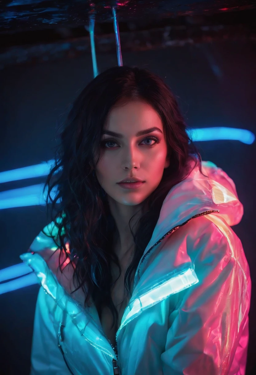 (Adult Spanish woman:1.1), looking to camera, (blue neon Jacket With Rivets:1.3), (rave fashion:1.5), (big tousled black hair:1.3), (open zipper:1.2), (erotic:1.3), (sexy:1.3), (covered with black polyvinyl:1.5), (glowing neon lights:1.7), (dangling sprinkler wires hang from an opening in the ceiling:1.7), best quality, raw, masterpiece, super fine photo, best quality, super high resolution, photorealistic realism, sunlight, full-body portrait, delicate face, vibrant eyes, detailed face, stars background, gorgeous, highly detailed skin, realistic skin details, visible pores, sharp focus, high quality, photo realism, seen from below, translucent, (voluptuous:.5), sensual, dominant, (sexual:1.3), sexy, romantic, high quality, film grain, Cinematic Light, sidelighting, Lens Flare, Ray tracing, detailed face, detailed complex stars background, realistic skin details, visible pores, sharp focus, volumetric fog, overexposed light, pop and vibrant colors, extremely colorful, medium shot