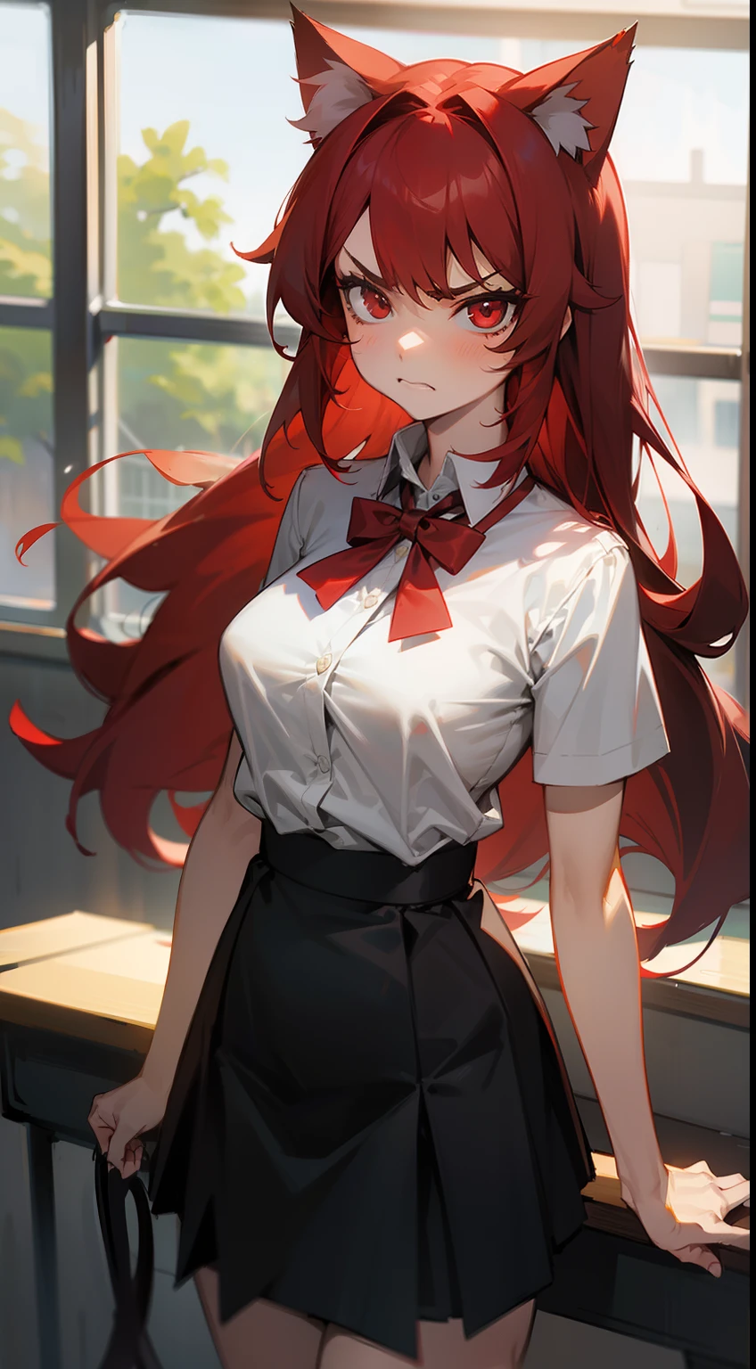 1girl ,20s,angry face,white shirt,black skirt,medium tits,red hair,long hair,red eyes,Cat ears,standing,classroom,
