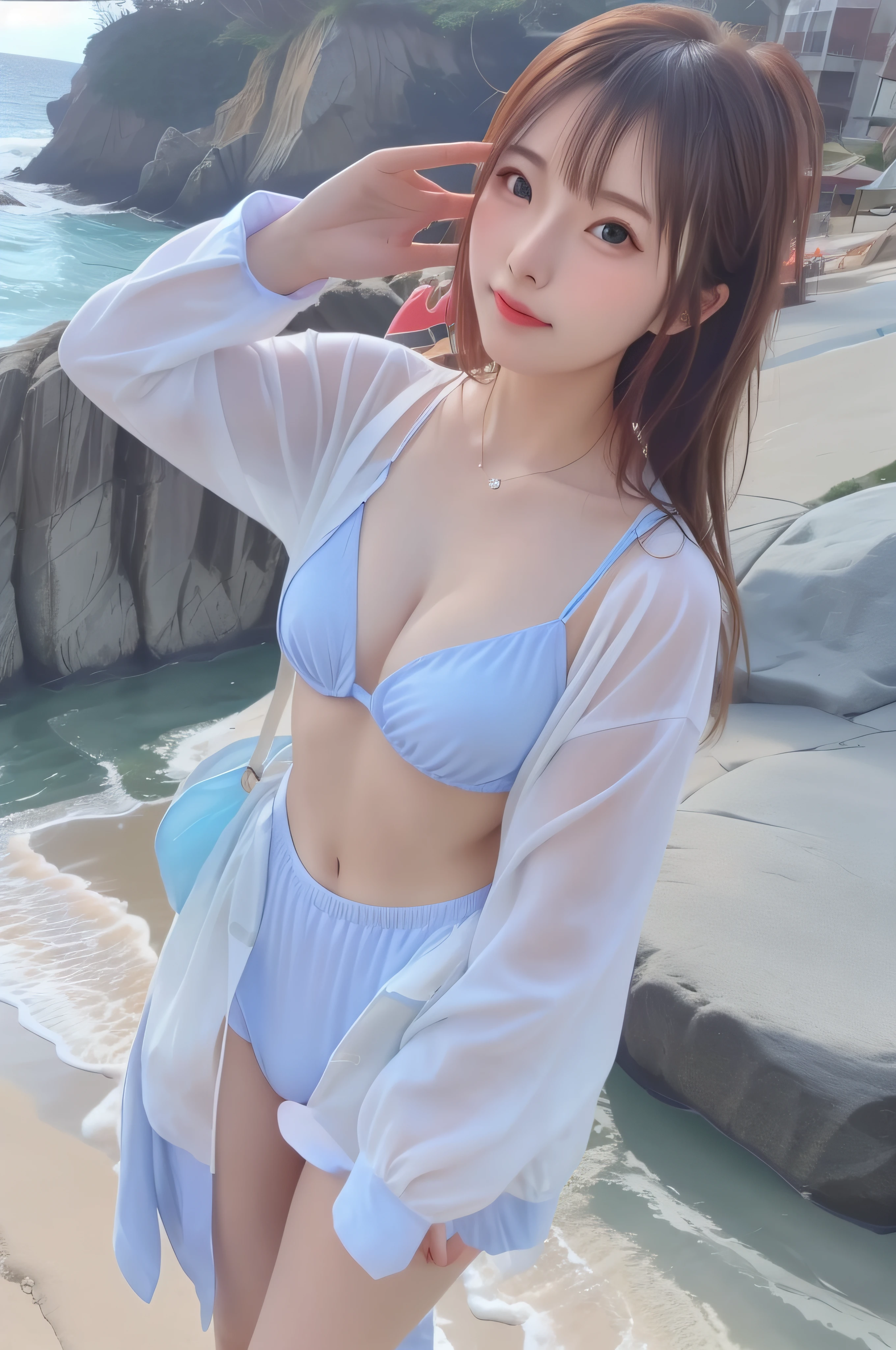 (masterpiece、top-quality、hight resolution、8K、Realistic Photos、Realistic skin、Detailed skin:1.1)、full bodyesbian、1 Japan Woman、14years、a beauty girl、Japan Idols、small tits、ruffle bikini、Constriction、slender body、blushed、is standing、Sunnyday、Beautiful sea、Mare、vague、sand beach、The background is a beach with waves crashing against each other.、Sunnyday、Clear