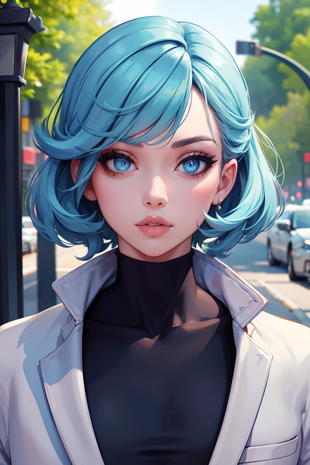 portrait shot, 2-tone hair, outdoors, bokeh background, depth of field, big lips, light blue eyes, turtleneck, jacket, (masterpiece), (best quality:1.2), absurdres, intricate details, (highly detailed skin:1.2),