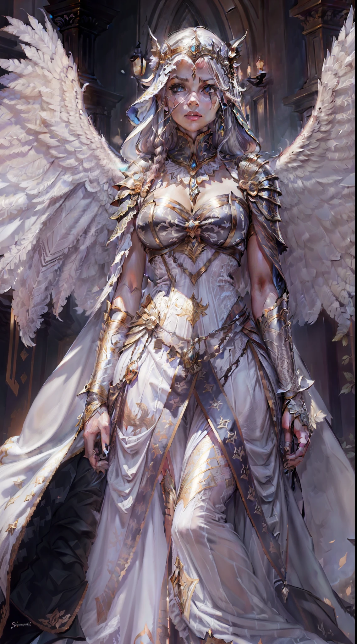 Jessica Green Gesicht, winged, Engel, ((Full-body CGInft)), Extrem detailliertes 8k-Hintergrundbild, kompliziert, detailreich, dramatisch, episch, Blondes helles Haar, the winged Albin queen wears very detailed shoulder pads made of black steel, which are modeled after the heads of dragons and are decorated with distinctive shimmering silver decorations and ornaments, a dark gray cape with velvet blue lining and a large hood, die tief in die anmutige, finsteres Gesicht, nur die Blauen Augen leuchten unter der Kapuze hervor, Es hat ein extrem detailliertes Grau/white feathered angel wings on the back, Rahmung sie schimmernd und anmutig , wahnsinnig realistischen Grafiken, wahnsinnig detaillierten Details, Ultrarealistisches und sehr detailliertes schwarzes, long-figure-hugging royal dress, das bis zum Boden reicht, the long sleeves are decorated with shiny silver embellishments and pronounced gold embroidery and white lace on the hem and neckline of the dress, Extrem detaillierte, schwere schwarze Lederstiefel mit markanten silber schimmernden Verzierungen und Verzierungen, das Licht wird von den Verzierungen reflektiert, sie geht anmutig den Gang des Schlosses entlang, during the leisurely walk through the gloomy cathedral, Lichtkegel scheinen durch die hohen Fenster des Doms, auf ihrem Kleid, a blue rose blossom protrudes from her chest,