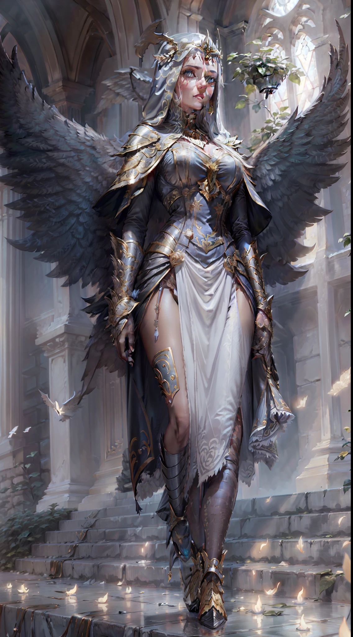 Jessica Green Gesicht, winged, Engel, ((Full-body CGInft)), Extrem detailliertes 8k-Hintergrundbild, kompliziert, detailreich, dramatisch, episch, Blondes helles Haar, the winged Albin queen wears very detailed shoulder pads made of black steel, which are modeled after the heads of dragons and are decorated with distinctive shimmering silver decorations and ornaments, a dark gray cape with velvet blue lining and a large hood, die tief in die anmutige, finsteres Gesicht, nur die Blauen Augen leuchten unter der Kapuze hervor, Es hat ein extrem detailliertes Grau/white feathered angel wings on the back, Rahmung sie schimmernd und anmutig , wahnsinnig realistischen Grafiken, wahnsinnig detaillierten Details, Ultrarealistisches und sehr detailliertes schwarzes, long-figure-hugging royal dress, das bis zum Boden reicht, the long sleeves are decorated with shiny silver embellishments and pronounced gold embroidery and white lace on the hem and neckline of the dress, Extrem detaillierte, schwere schwarze Lederstiefel mit markanten silber schimmernden Verzierungen und Verzierungen, das Licht wird von den Verzierungen reflektiert, sie geht anmutig den Gang des Schlosses entlang, during the leisurely walk through the gloomy cathedral, Lichtkegel scheinen durch die hohen Fenster des Doms, auf ihrem Kleid, a blue rose blossom protrudes from her chest,