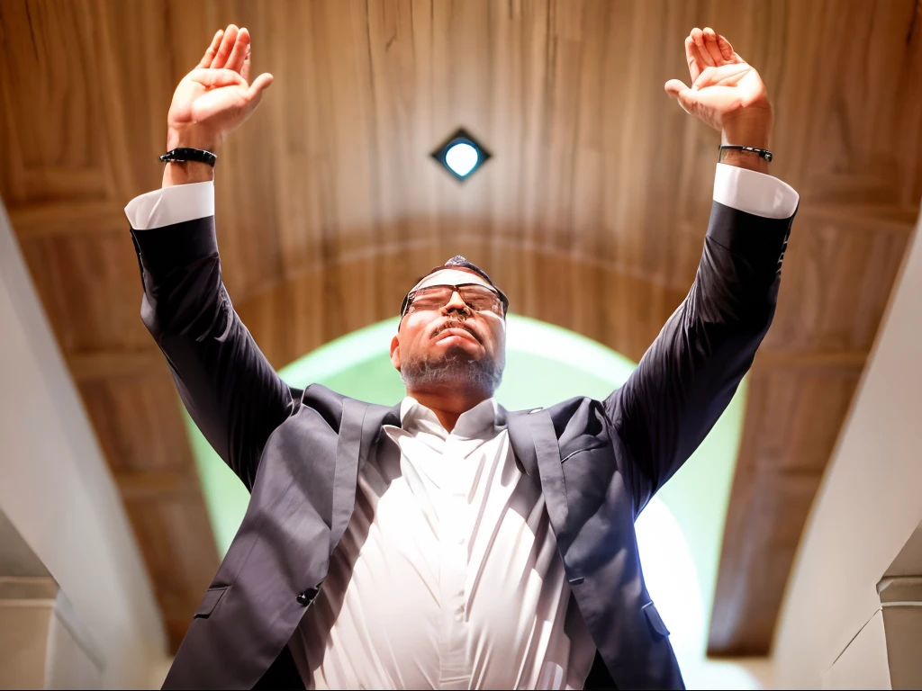 guttonerdvision10, "Um padre em traje preto com um colarinho branco, hands raised in prayer, usando um crucifixo de ouro fora de sua batina, contra um fundo bokeh desfocado."