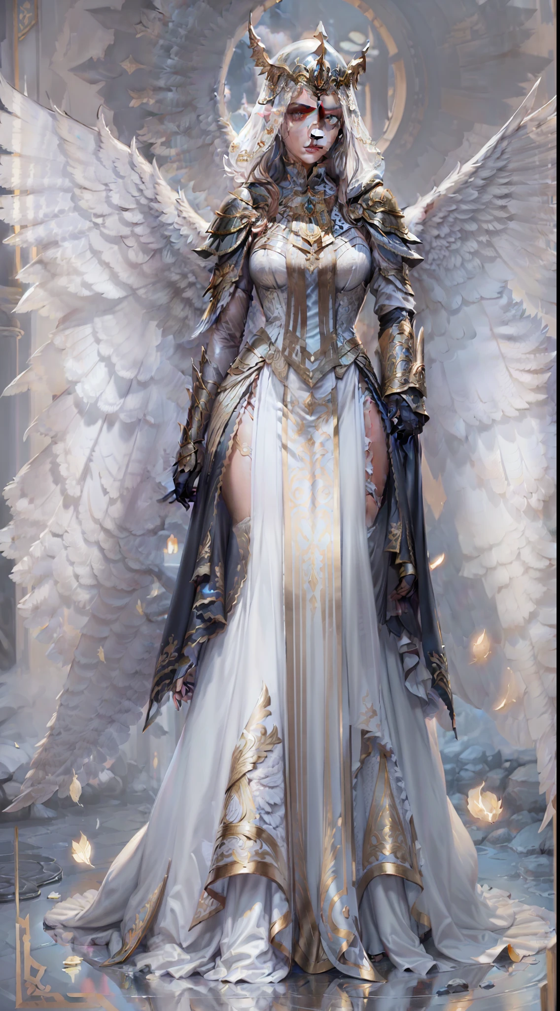 Jessica Green Gesicht, winged, Engel, ((Full-body CGInft)), Extrem detailliertes 8k-Hintergrundbild, kompliziert, detailreich, dramatisch, episch, Blondes helles Haar, the winged Albin queen wears very detailed shoulder pads made of black steel, which are modeled after the heads of dragons and are decorated with distinctive shimmering silver decorations and ornaments, a dark gray cape with velvet blue lining and a large hood, die tief in die anmutige, finsteres Gesicht, nur die Blauen Augen leuchten unter der Kapuze hervor, Es hat ein extrem detailliertes Grau/white feathered angel wings on the back, Rahmung sie schimmernd und anmutig , wahnsinnig realistischen Grafiken, wahnsinnig detaillierten Details, Ultrarealistisches und sehr detailliertes schwarzes, long-figure-hugging royal dress, das bis zum Boden reicht, the long sleeves are decorated with shiny silver embellishments and pronounced gold embroidery and white lace on the hem and neckline of the dress, Extrem detaillierte, schwere schwarze Lederstiefel mit markanten silber schimmernden Verzierungen und Verzierungen, das Licht wird von den Verzierungen reflektiert, sie geht anmutig den Gang des Schlosses entlang, during the leisurely walk through the gloomy cathedral, Lichtkegel scheinen durch die hohen Fenster des Doms, auf ihrem Kleid, a blue rose blossom protrudes from her chest,