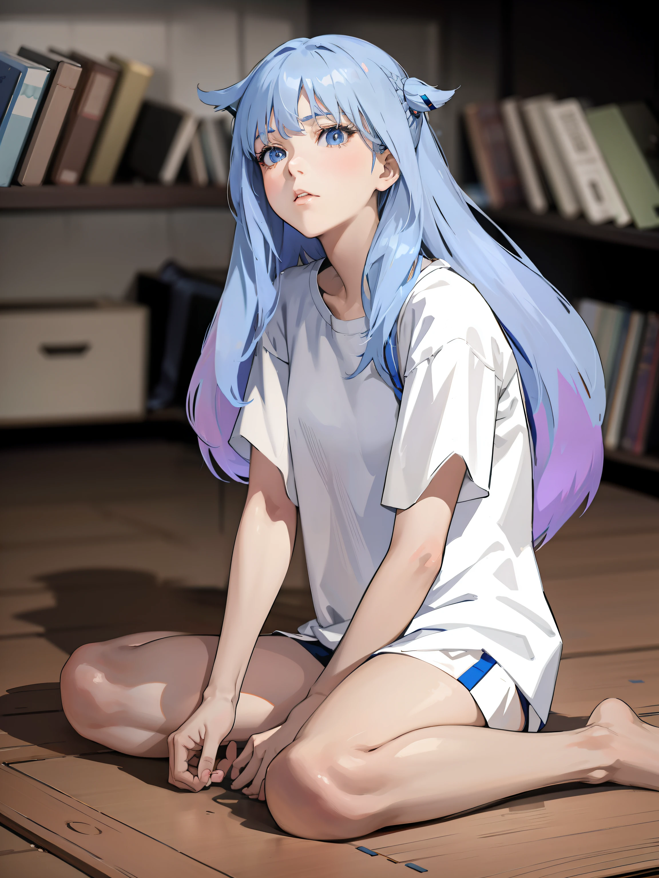 anime girl with blue hair sitting on the floor in a room, painted in anime painter studio, realistic anime artstyle, gapmoe yandere, silver hair (ponytail), beautiful blue haired girl, silver hair girl, girl with blue hair, inspired by Rei Kamoi, anime character, the anime girl is crouching, portrait knights of zodiac girl, beautiful anime girl squatting