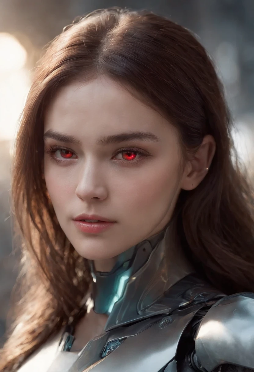Woman, 18 years old,((best quality)), ((masterpiece)), (detailed), Midjourney Style, close-up, perfect face,red eyes, exquisite facial texture, and resolute eyes,robot, concept art, inspired by Marek Okon, digital art, Crysis Nanosuit, futuristic, (glowing elements:1.1), 4:3 aspect ratio, dynamic duo,upper body