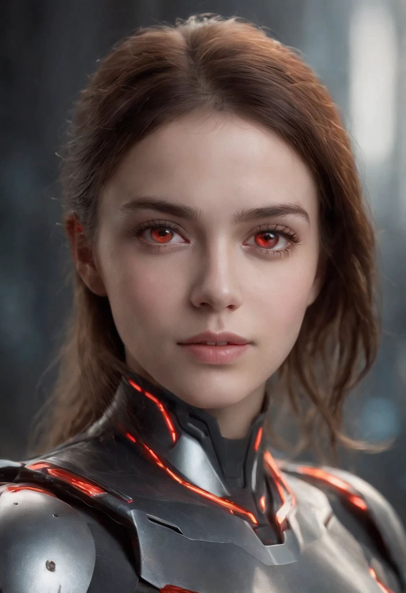 Woman, 18 years old,((best quality)), ((masterpiece)), (detailed), Midjourney Style, close-up, perfect face,red eyes, exquisite facial texture, and resolute eyes,robot, concept art, inspired by Marek Okon, digital art, Crysis Nanosuit, futuristic, (glowing elements:1.1), 4:3 aspect ratio, dynamic duo，upper body