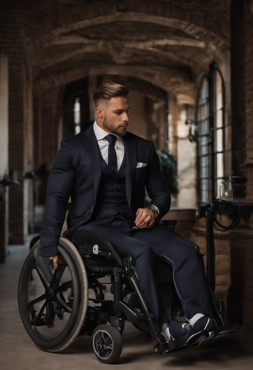 Homem em uma cadeira de rodas, paraplegic, cadeira de rodas realista, wheelchair detalhado, corpo atletico, detailed muscles, bodybuilder, corpo peludo, haircut, cabelo blondie, rosto sorridente, olhos azuis, cueca coxa, ambiente de academia, fotografia, ultra realista