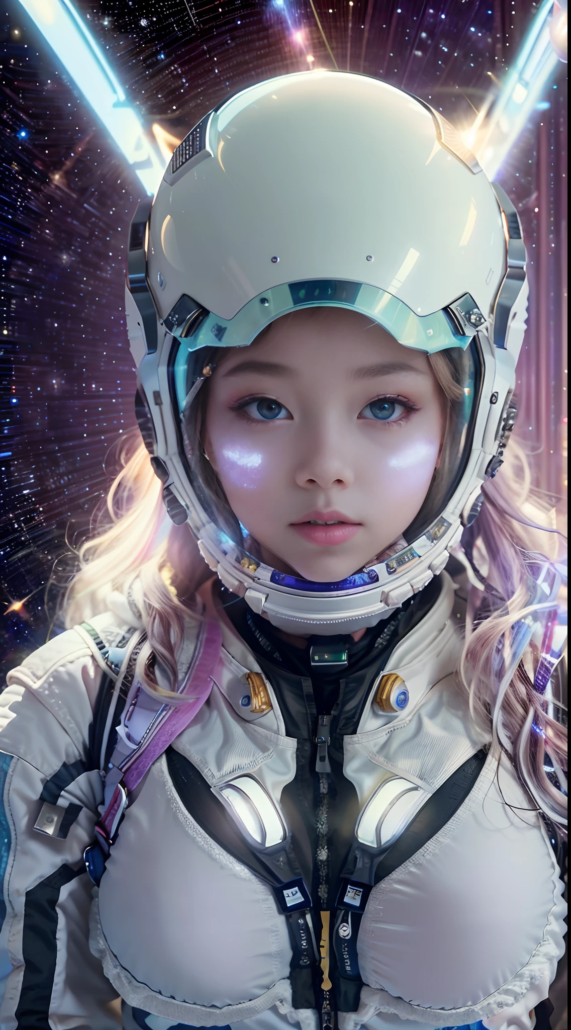 (tmasterpiece:1.2),best qualtiy,In space,(nigh sky,medium lenght hair:1.2),(illustratio:1.2),lindo cenario,dreads,(Elaborate luminescence,lens flare glow),(Hyper-detailing),Hyper-detailing,(exquisitedetails),(complexdetails),(Movie light,Best quality backlight),清晰的线条,New world,peeping at the viewer,Solo Woman,(Space Girl,the space),Oriental women,The girl looks like a Chinese movie star,Solo Woman,Perfect body,Beautiful girl,(1girll),(Bright bioluminescent hair,bright glowing eyes),(galaxias,Alien planet),(Astronaut wearing sexy futuristic style white fitted spacesuit:1.1),The material of the spacesuit is light and thin,Latex tight spacesuit,The chest of the spacesuit shows the starry sky,Slightly closed eyes,(cyber punk perssonage),(dyna:1.3),(putting makeup on)),hight contrast,(The best lighting,Extremely refined and beautiful),((Movie Moonlight)),Extremely colorful,((Photoshop Pastel Painting:1.1)),aethereal,(Movie Masterpiece),suspense,Funk,(Starskrim),splash of color,absolutly eye-catching,((Caustics)),dynamic angle,big breasts beautiful(detailed glow),(spine-chilling),(Intricate movie scenes behind it:1.2),Environmental occlusion, (Ambient moonshine), ray-traced reflection, intricately detailed visible background , (Glowing spacesuit), terroral, (Bioluminescent vegetation:1.2), terroral, uneasy, A futuristic, terroral, (Hologram heads-up display), (Delicate Great Comet)