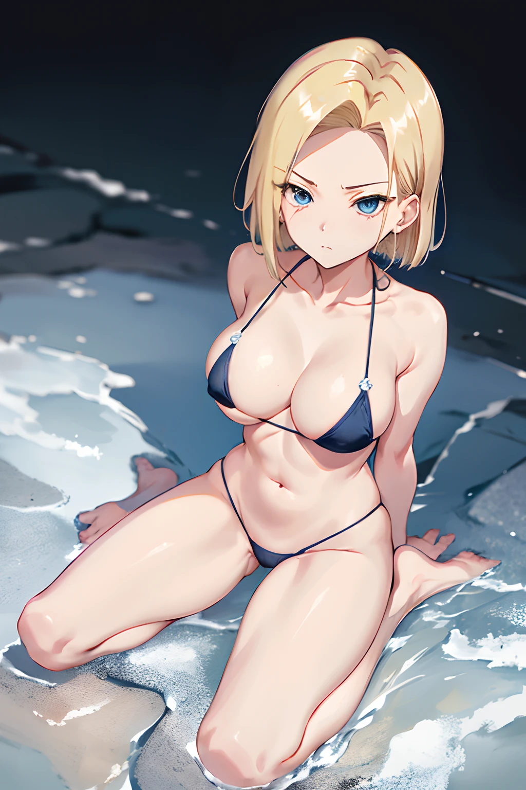 top-quality, hight resolution, 18 with, 1girl in, Android 18, 独奏, blonde  hair, blue eyess, shorth hair, Medium chest, cowboy  shot, snow, micro bikini, cleavage of the breast、emotionless expression、full body Esbian、opened legs、bend knee、Open your knees from side to side、sneakers、Seen from the front、Looking down from above:1.3、Put your hands behind your body、pornographic, seductive posture,