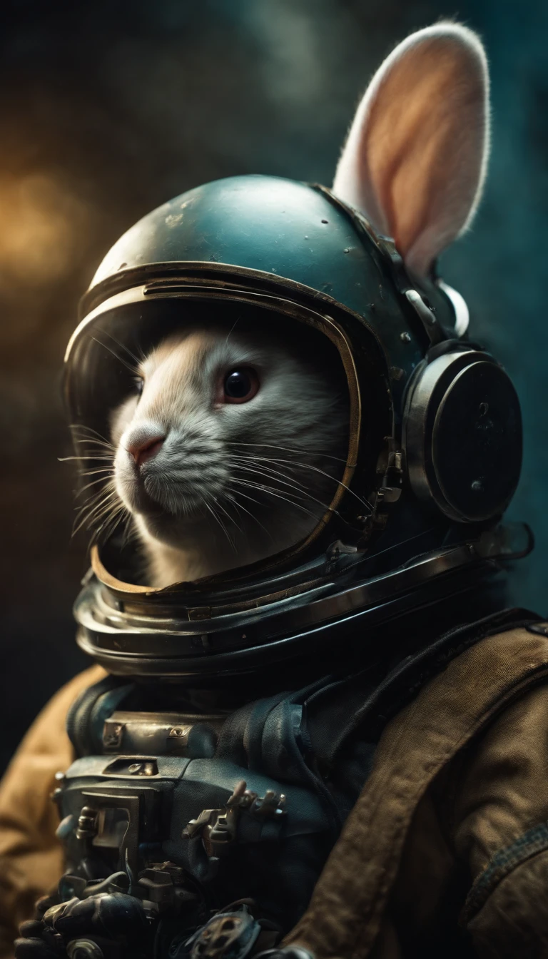rabbit on spaceship with a space helmet and goggles, in the style of cyberpunk, wimmelbilder, realistic animal portraits, 32k uhd, cute and colorful, grid, depictions of animals --style raw