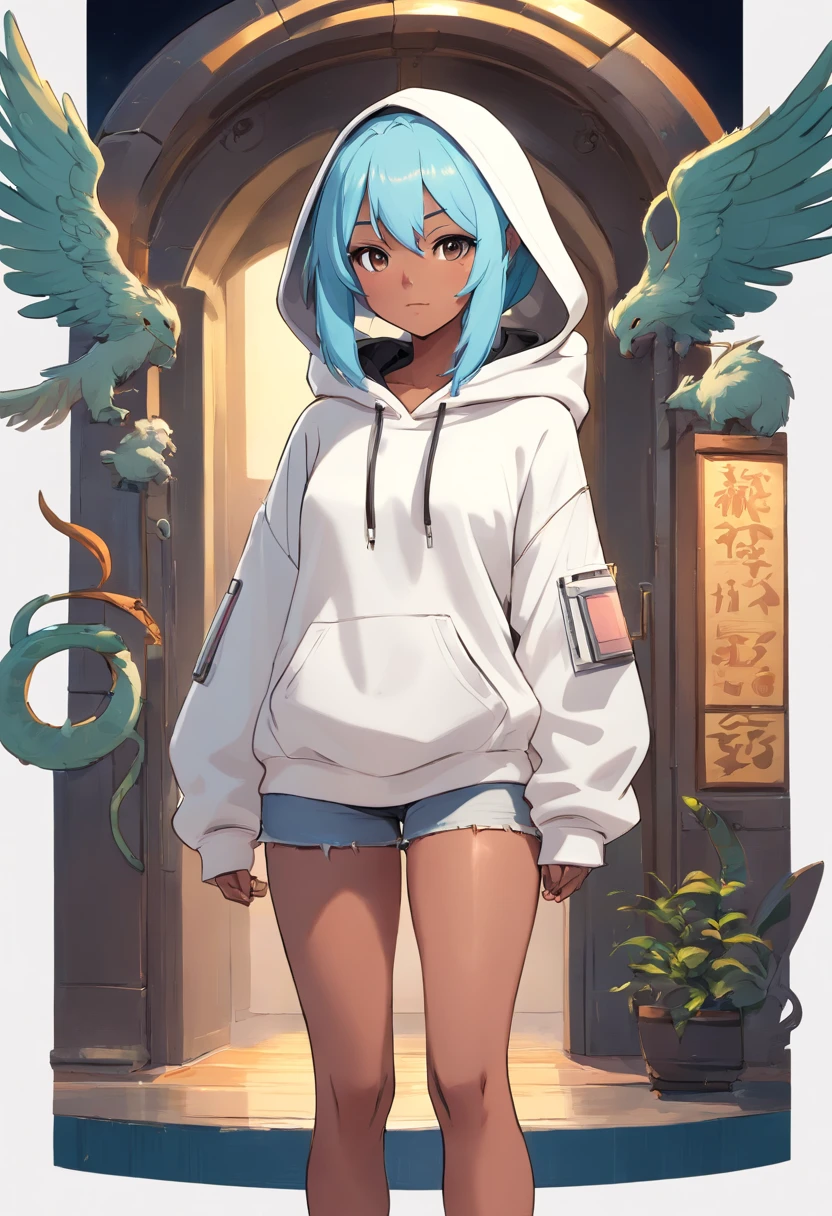 cartoon of a shortstack woman with a white oversized hoodie, a pastel inspired by Puru, black lineart, full body portrait of a short!, oc commission, fullbody commission for, commission for high res, thick smooth warframe thighs, 2 b, 2b, ebony skin, (sfw) safe for work
