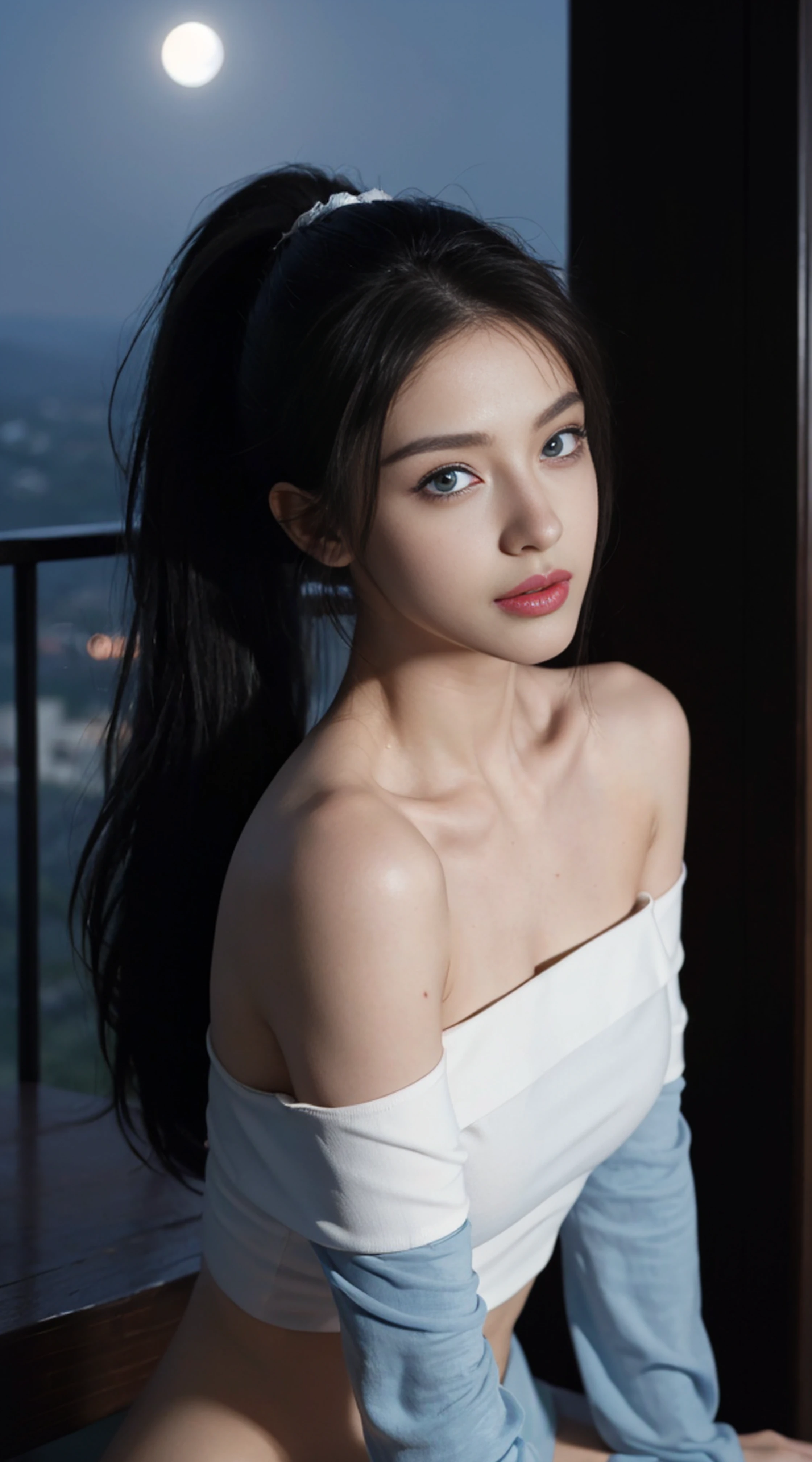 8K, Top Quality, Intricate Details, Ultra Detail, Ultra High Resolution, Masterpiece, random angle,  Slender, Smile, (Makeup: 0.4), (Fluffy Blue Eyes: 1.21), blue Eyes,, ((full body)), 1girl, solo, 1 girl, (( full body)),  close-up shot, kneeling , , ((tall)), (((fit body))), (((slim face))), sharp face, sharp eyes, (((black hair, long hair, high ponytail , ))  (detailed face), sharp face, small lips, thin lips, 
 (( Off the shoulder top )),  detailed face, detailed breast, , large breast, detail, , Beautiful girl with accentuated slender abs: 1.4, Six Pack Abs: 1.4, Bust Botox, Big, Perfect Body, detail leg, (( moonlight)), top of mountain