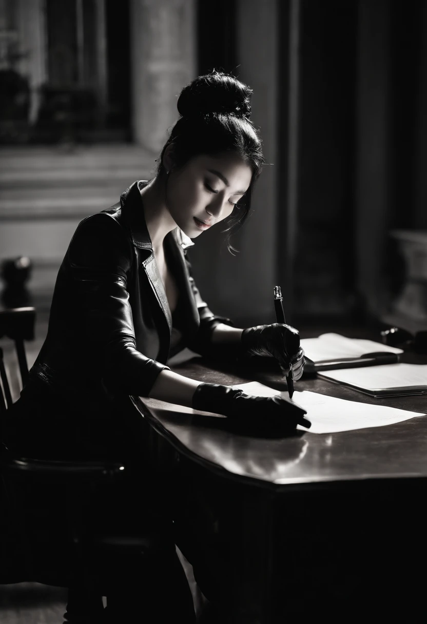 Wearing black leather gloves in both hands, upper body, black leather riders jacket, facing the desk in the modern study in the dark, looking down and smiling, writing a letter using a fountain pen, long straight black hair, young Japanese woman (black leather gloves cover both hands)y