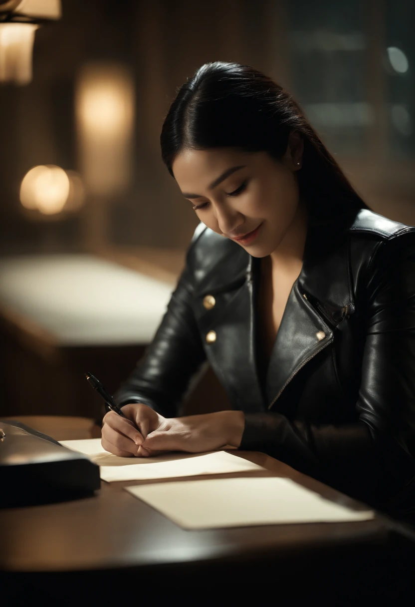 Wearing black leather gloves in both hands, upper body, black leather riders jacket, facing the desk in the modern study in the dark, looking down and smiling, writing a letter using a fountain pen, long straight black hair, young Japanese woman (black leather gloves cover both hands)y