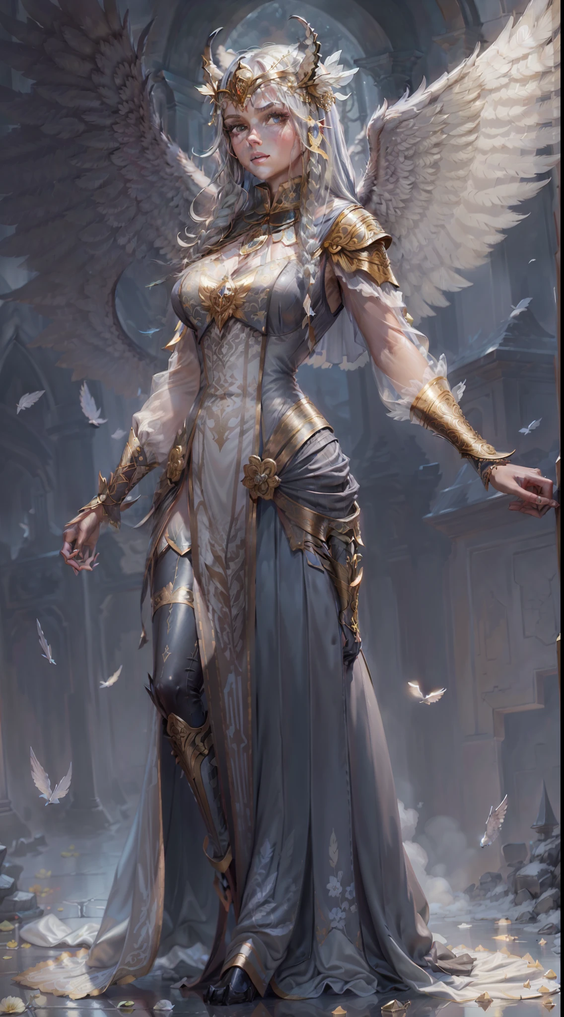 Jessica Green Gesicht, winged, Engel, ((Full-body CGInft)), Extrem detailliertes 8k-Hintergrundbild, kompliziert, detailreich, dramatisch, episch, Blondes helles Haar, the winged Albin queen wears very detailed shoulder pads made of black steel, which are modeled after the heads of dragons and are decorated with distinctive shimmering silver decorations and ornaments, a dark gray cape with velvet blue lining and a large hood, die tief in die anmutige, finsteres Gesicht, nur die Blauen Augen leuchten unter der Kapuze hervor, Es hat ein extrem detailliertes Grau/white feathered angel wings on the back, Rahmung sie schimmernd und anmutig , wahnsinnig realistischen Grafiken, wahnsinnig detaillierten Details, Ultrarealistisches und sehr detailliertes schwarzes, long-figure-hugging royal dress, das bis zum Boden reicht, the long sleeves are decorated with shiny silver embellishments and pronounced gold embroidery and white lace on the hem and neckline of the dress, Extrem detaillierte, schwere schwarze Lederstiefel mit markanten silber schimmernden Verzierungen und Verzierungen, das Licht wird von den Verzierungen reflektiert, sie geht anmutig den Gang des Schlosses entlang, during the leisurely walk through the gloomy cathedral, Lichtkegel scheinen durch die hohen Fenster des Doms, auf ihrem Kleid, a blue rose blossom protrudes from her chest,