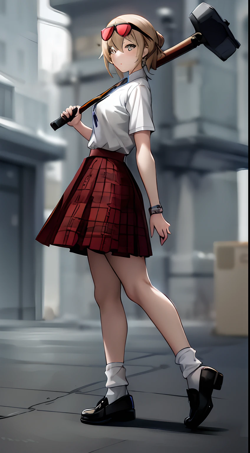 anime girl with a hammer walking down a street, girls frontline style, from girls frontline, realistic schoolgirl, a hyperrealistic schoolgirl, hyperrealistic schoolgirl, female protagonist 👀 :8, style anime, fine details. girls frontline, school girl, girls frontline cg, cushart krenz key art feminine, urban girl fanart, kantai collection style