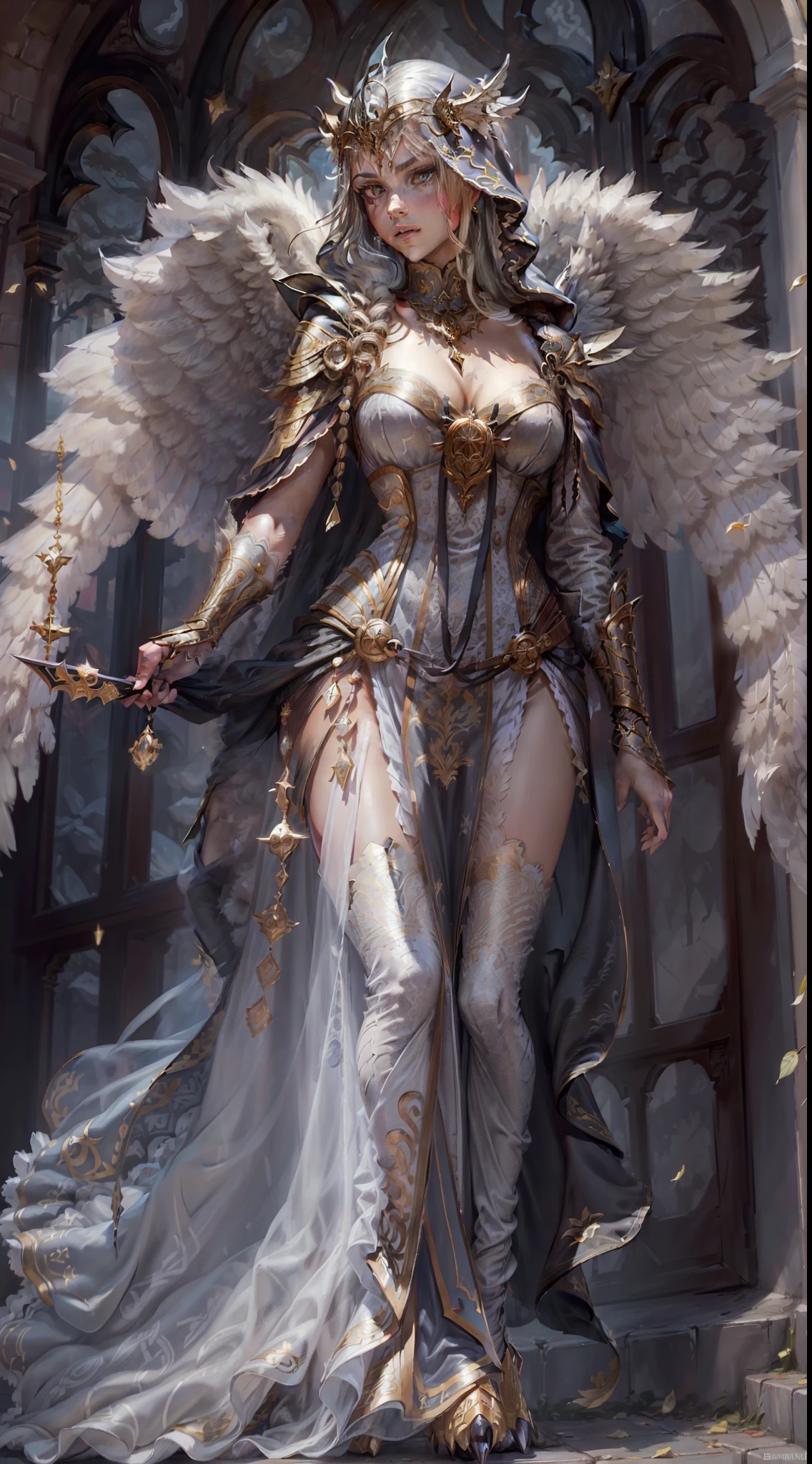 Jessica Green Gesicht, winged, Engel, ((Full-body CGInft)), Extrem detailliertes 8k-Hintergrundbild, kompliziert, detailreich, dramatisch, episch, Blondes helles Haar, the winged Albin queen wears very detailed shoulder pads made of black steel, which are modeled after the heads of dragons and are decorated with distinctive shimmering silver decorations and ornaments, a dark gray cape with velvet blue lining and a large hood, die tief in die anmutige, finsteres Gesicht, nur die Blauen Augen leuchten unter der Kapuze hervor, Es hat ein extrem detailliertes Grau/white feathered angel wings on the back, Rahmung sie schimmernd und anmutig , wahnsinnig realistischen Grafiken, wahnsinnig detaillierten Details, Ultrarealistisches und sehr detailliertes schwarzes, long-figure-hugging royal dress, das bis zum Boden reicht, the long sleeves are decorated with shiny silver embellishments and pronounced gold embroidery and white lace on the hem and neckline of the dress, Extrem detaillierte, schwere schwarze Lederstiefel mit markanten silber schimmernden Verzierungen und Verzierungen, das Licht wird von den Verzierungen reflektiert, sie geht anmutig den Gang des Schlosses entlang, during the leisurely walk through the gloomy cathedral, Lichtkegel scheinen durch die hohen Fenster des Doms, auf ihrem Kleid, a blue rose blossom protrudes from her chest,