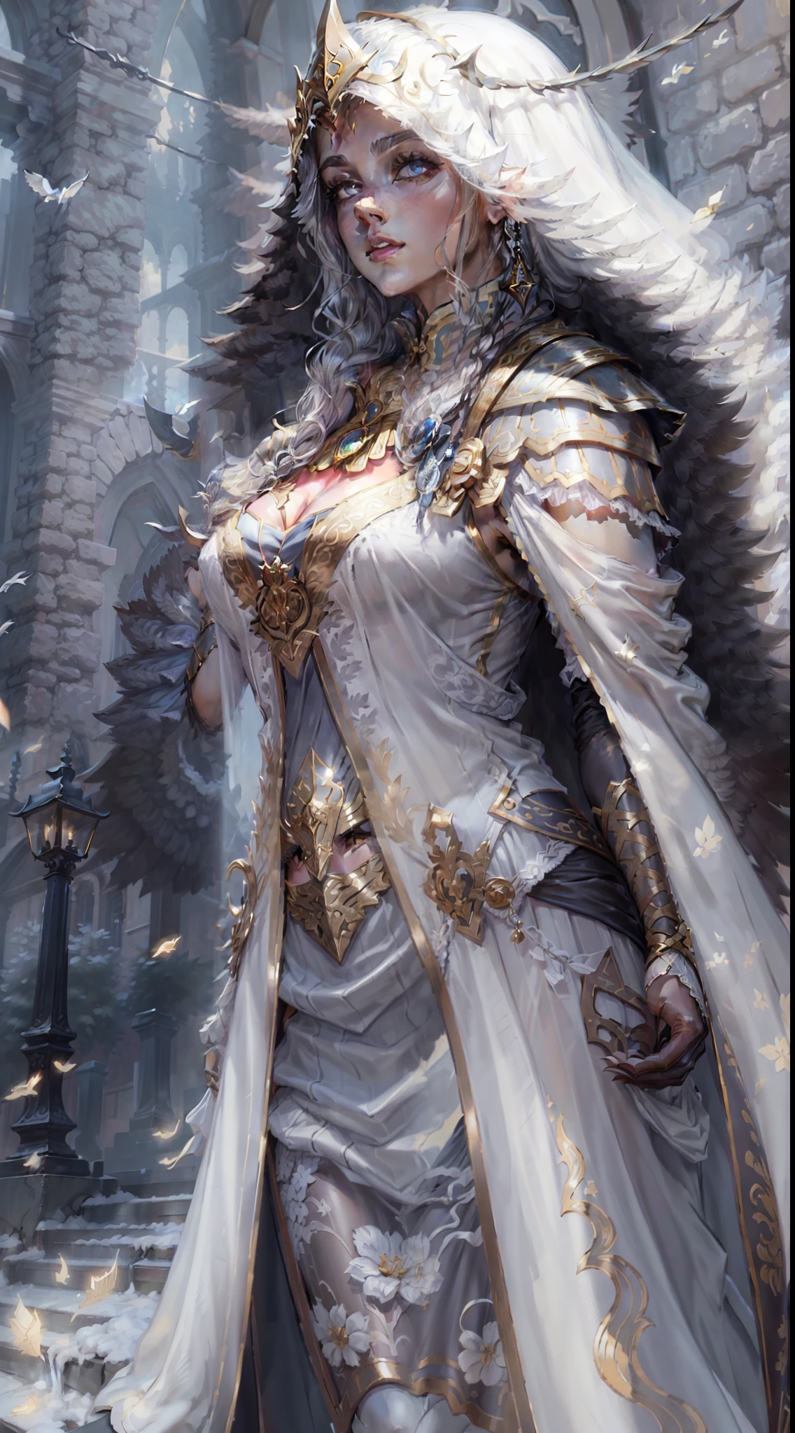 Jessica Green Gesicht, winged, Engel, ((Full-body CGInft)), Extrem detailliertes 8k-Hintergrundbild, kompliziert, detailreich, dramatisch, episch, Blondes helles Haar, the winged Albin queen wears very detailed shoulder pads made of black steel, which are modeled after the heads of dragons and are decorated with distinctive shimmering silver decorations and ornaments, a dark gray cape with velvet blue lining and a large hood, die tief in die anmutige, finsteres Gesicht, nur die Blauen Augen leuchten unter der Kapuze hervor, Es hat ein extrem detailliertes Grau/white feathered angel wings on the back, Rahmung sie schimmernd und anmutig , wahnsinnig realistischen Grafiken, wahnsinnig detaillierten Details, Ultrarealistisches und sehr detailliertes schwarzes, long-figure-hugging royal dress, das bis zum Boden reicht, the long sleeves are decorated with shiny silver embellishments and pronounced gold embroidery and white lace on the hem and neckline of the dress, Extrem detaillierte, schwere schwarze Lederstiefel mit markanten silber schimmernden Verzierungen und Verzierungen, das Licht wird von den Verzierungen reflektiert, sie geht anmutig den Gang des Schlosses entlang, during the leisurely walk through the gloomy cathedral, Lichtkegel scheinen durch die hohen Fenster des Doms, auf ihrem Kleid, a blue rose blossom protrudes from her chest,